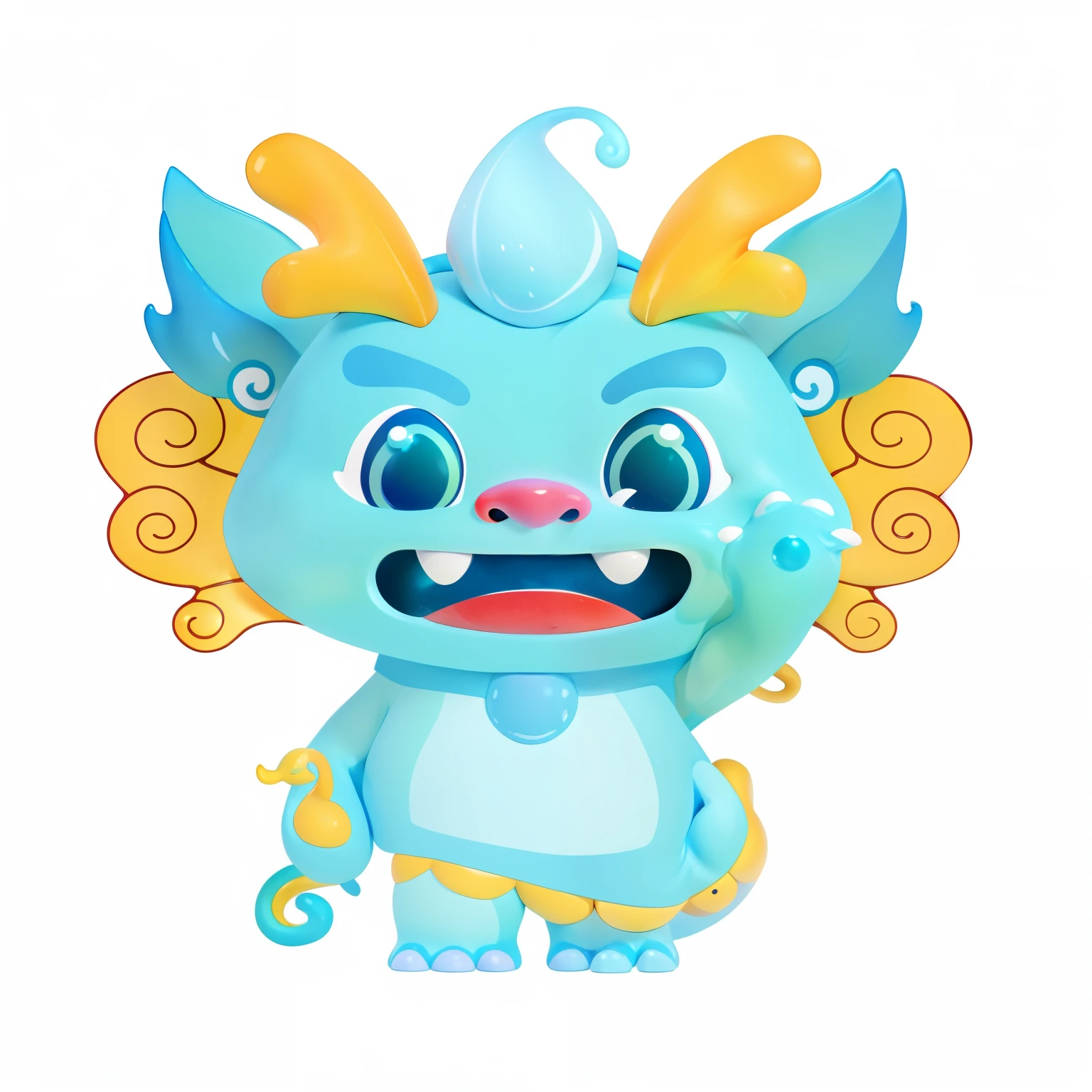 Illustration of blue monster with red nose and yellow horns, cute monster character design, Monster character design, portrait of a cute monster, cute little troll, Whimsical devil in rainbow fur, cute monster, Turquoise Fantasy Tusk Medusa, mythical whimsical creatures, A cute little blue dragon, water monster, monster design,3D effect