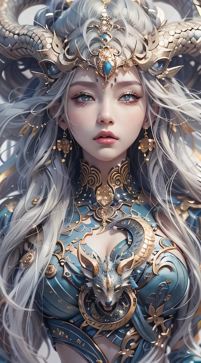 best quality,Super detailed,Best Best Illustration,best shadow,masterpiece,high resolution,professional artwork,famous artwork),surreal style,Delicate eyes,cold eyes,Left and right eyes are different colors,Snake pupils,Eyes slightly closed,(eye focus),surface focus,Close-up of long-haired woman in silk textured clothing,silver hair,floating hair,There are dragon horns on the head,Extremely rich in details,3d goddess portrait,女神的Extremely rich in details,Stunning goddess portrait,Head portrait of goddeseautiful goddess portrait goddess body closeup portrait,Portrait of norse moon goddess,pure face_v1,Urzang-6500-v1 version.1,
