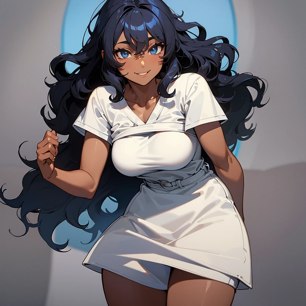 (((Dark Skin Woman))),(((Gray blue eyes))),(((Black wavy hair))),(Curvy body),(((Alone))),(((wearing cottage style clothes))),((pretty smile))
