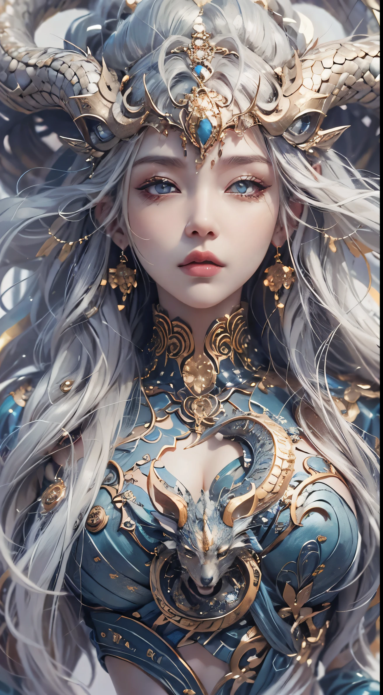 best quality,Super detailed,Best Best Illustration,best shadow,masterpiece,high resolution,professional artwork,famous artwork),surreal style,Delicate eyes,cold eyes,Left and right eyes are different colors,Snake pupils,Eyes slightly closed,(eye focus),surface focus,Close-up of long-haired woman in silk textured clothing,silver hair,floating hair,There are dragon horns on the head,Extremely rich in details,3d goddess portrait,女神的Extremely rich in details,Stunning goddess portrait,Head portrait of goddeseautiful goddess portrait goddess body closeup portrait,Portrait of norse moon goddess,pure face_v1,Urzang-6500-v1 version.1,