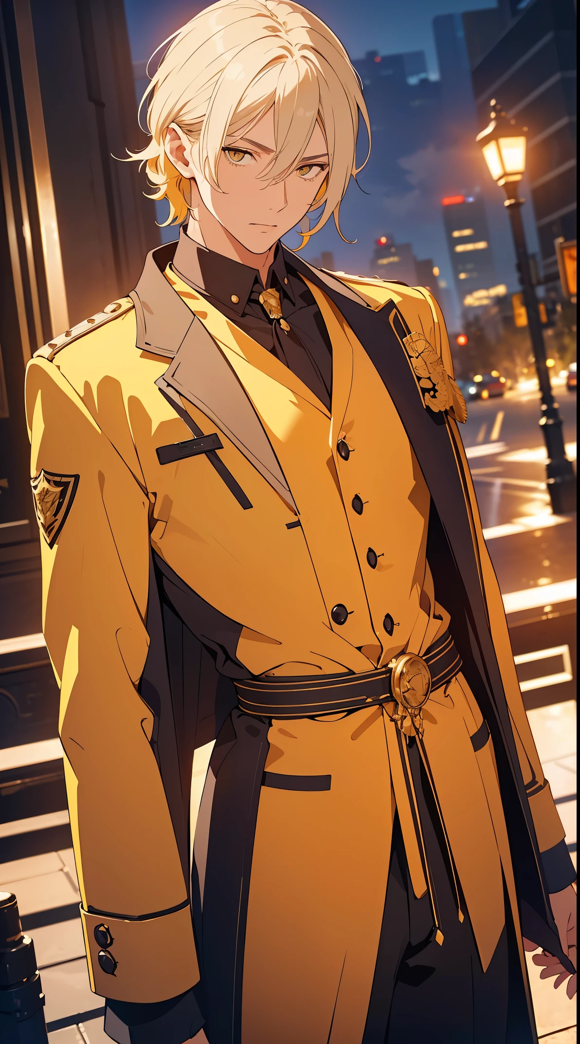 Man1, Male1, yellow hair, yellow eyes, Thin face, thin body, classic yellow suit,(Highly detailed CG,module,8K wallpapers)،(Highest quality, high resolution, beautiful lighting, realistic shadow, high resolution)،(Detailed skin, highly detailed, detailed faces and eyes, realistic eyes, cowboy shot)