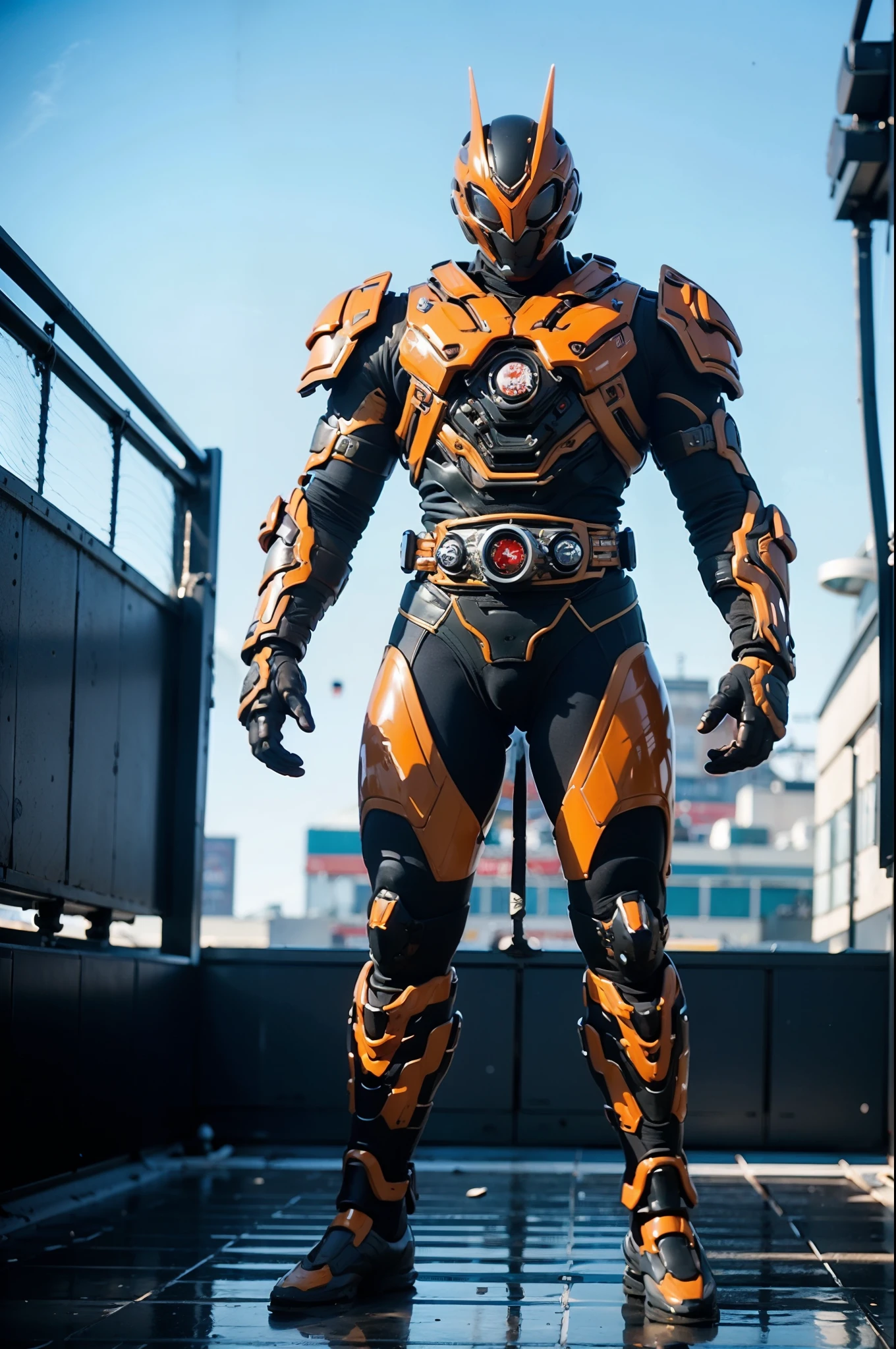 A super a high-tech biotech battle suit, standing on a rooftop, looking over the city, Japanese tokusatsu and American comic style, biometallic texture of the suit, sleek and shiny, dynamic, fast, natural light, cinematic, high quality, high resolution, high detail, sophisticated design, dramatic, high definition, ultra-detailed, ultra-fine painting, extremely delicate, creativity, Natural light, cinematic lighting, best shadow, masterpiece-anatomy-perfect