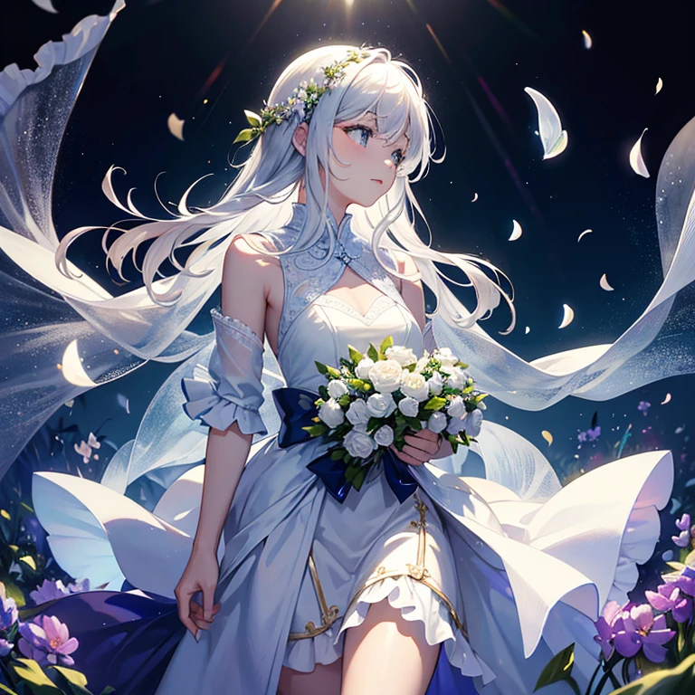 delicate flower bouquet hyacinth, super transparent, holy light, beautiful spectral light, petals shine, blinking, dark background, transparent light drops, reflective light, Bright, light flowing in, Optics, portrait profile, sharp focus, Magic, complicated, Super realistic, fantasy, composition, light, art station trends, pearl, silver vapor patronus cloud, family of corrosive enveloping rays, 8k, ureal air 23v4 uplight  