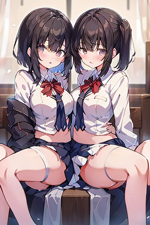 Romance students, two girls students in school uniform, lesbian couple, tall and thin, beautiful, alumnaxalumna, classmates,nude,wet uniform(see thought),boob,pussy,cute,spread legs,