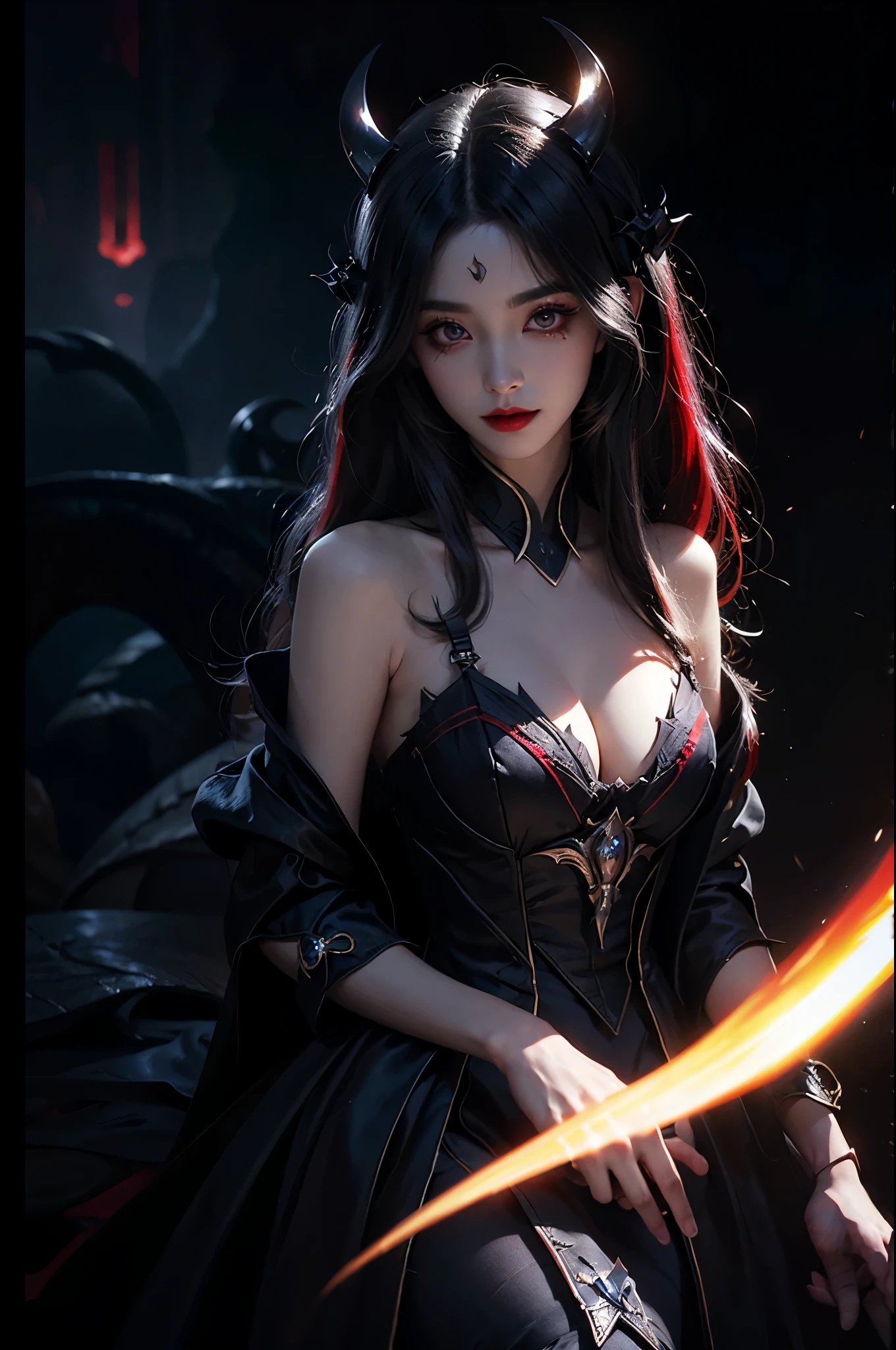  Beautiful devil woman from hell, (in the darkness: 1.6), 大卫霍克尼和阿尔方斯穆夏的Surreal女性portrait, fantasy art, korean doll, photorealism, dynamic lighting, art station, poster, Volumetric lighting, The facial details are very rich, 8k, in the darkness, deep shadow, low pitch, (knee shot), long hair, black hair, luxurious palace, royal style, Demon Crown, Red eye makeup is very sharp and detailed, the most beautiful face, normal breast, Surreal, charming smile, Eye makeup is very good, Gurwitz, devil style, red and black lips, Devil tattoo on shoulder, The weather is gloomy and thunderous, (portrait), Protagonist close-up, (Background details 1.8),