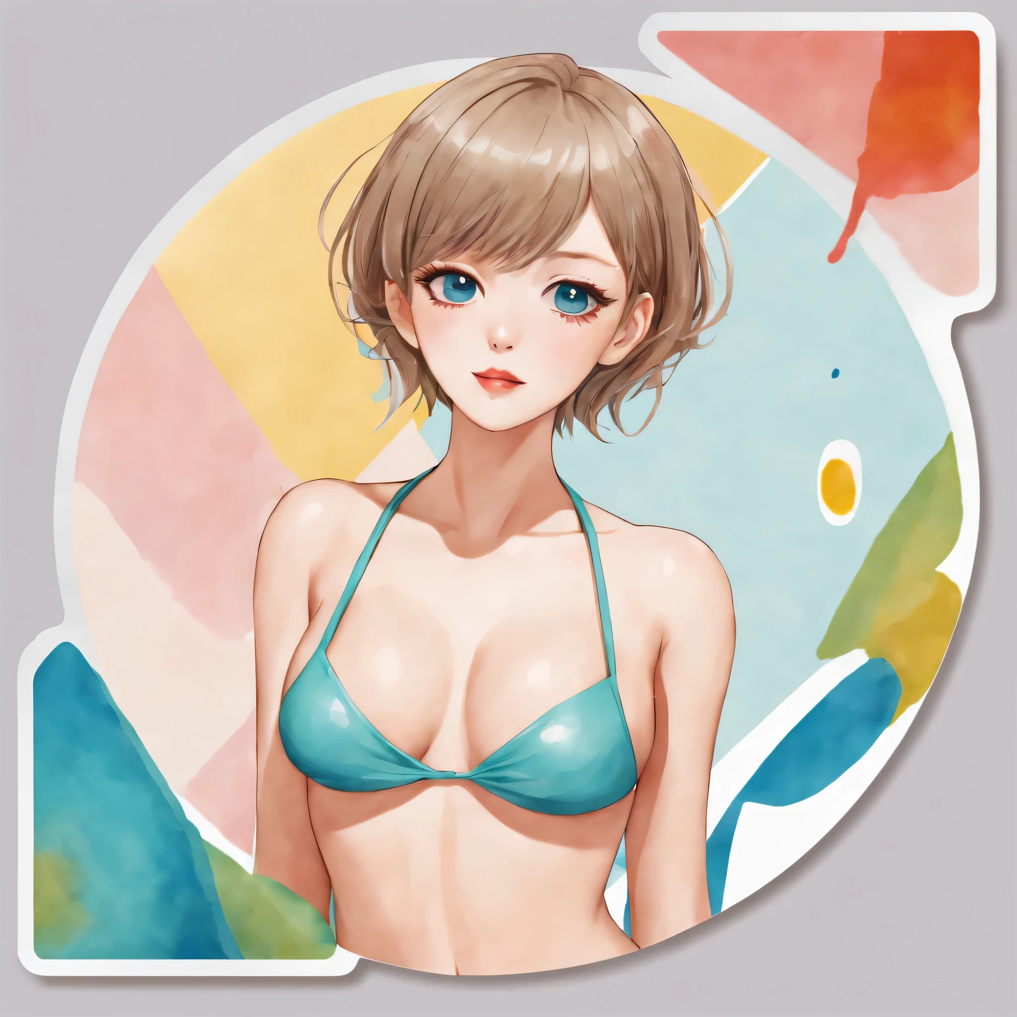 (a sticker,),(3d anime girl),bikini, grace,beautiful face,(on a round background), (roscoe frontier)(watercolor style), Super detailed, best quality, Detailed illustration, vectorized, 8K, 专业a sticker设计, graphic design, vector line, a sticker, Full HD
