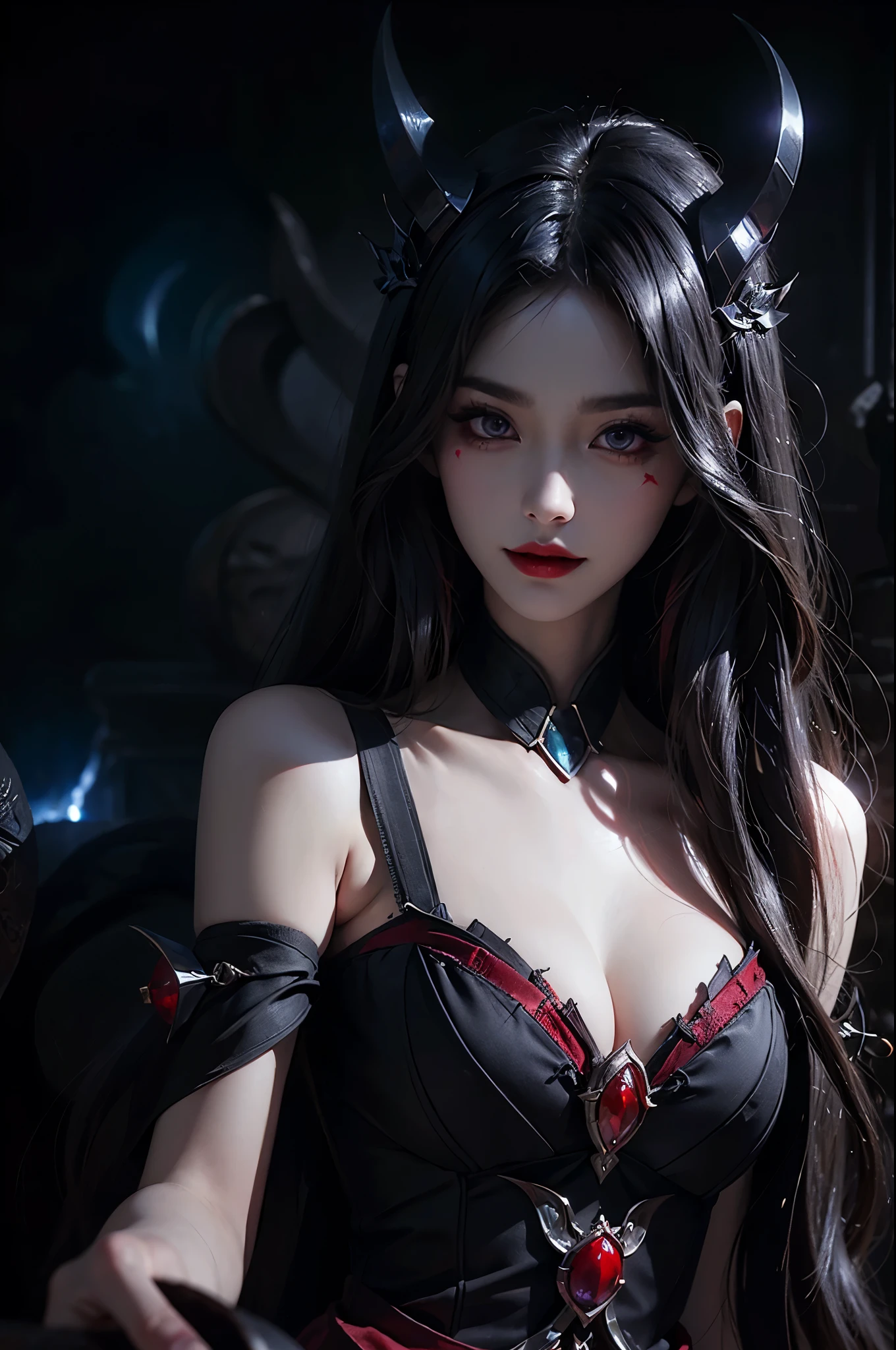  Beautiful devil woman from hell, (in the darkness: 1.6), 大卫霍克尼和阿尔方斯穆夏的Surreal女性portrait, fantasy art, korean doll, photorealism, dynamic lighting, art station, poster, Volumetric lighting, The facial details are very rich, 8k, in the darkness, deep shadow, low pitch, (knee shot), long hair, black hair, luxurious palace, royal style, Demon Crown, Red eye makeup is very sharp and detailed, the most beautiful face, normal breast, Surreal, charming smile, Eye makeup is very good, Gurwitz, devil style, red and black lips, Devil tattoo on shoulder, The weather is gloomy and thunderous, (portrait), Protagonist close-up, (Background details 1.8),