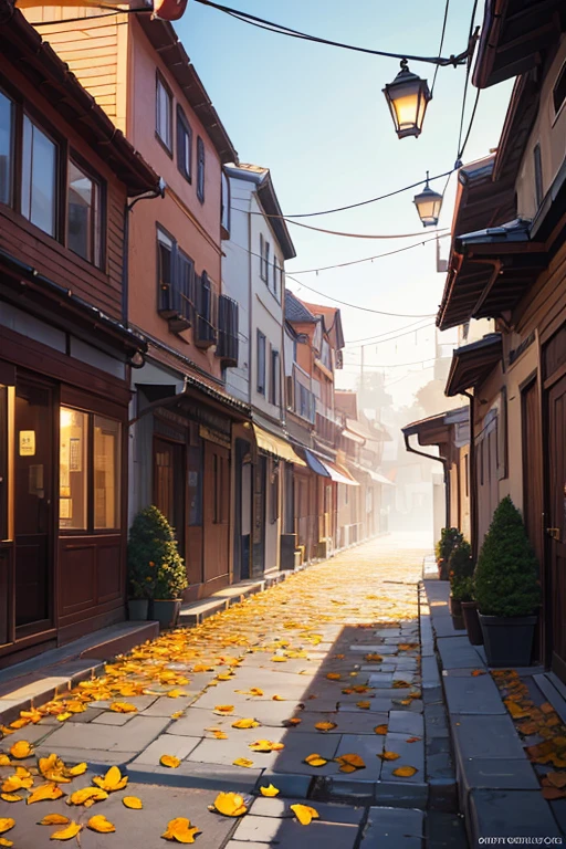 a street covered with leaves in autumn in a (city:1.3), fall, global illumination, volumetric lighting, best quality, highly detailed, cgi, illustration, octane render,  