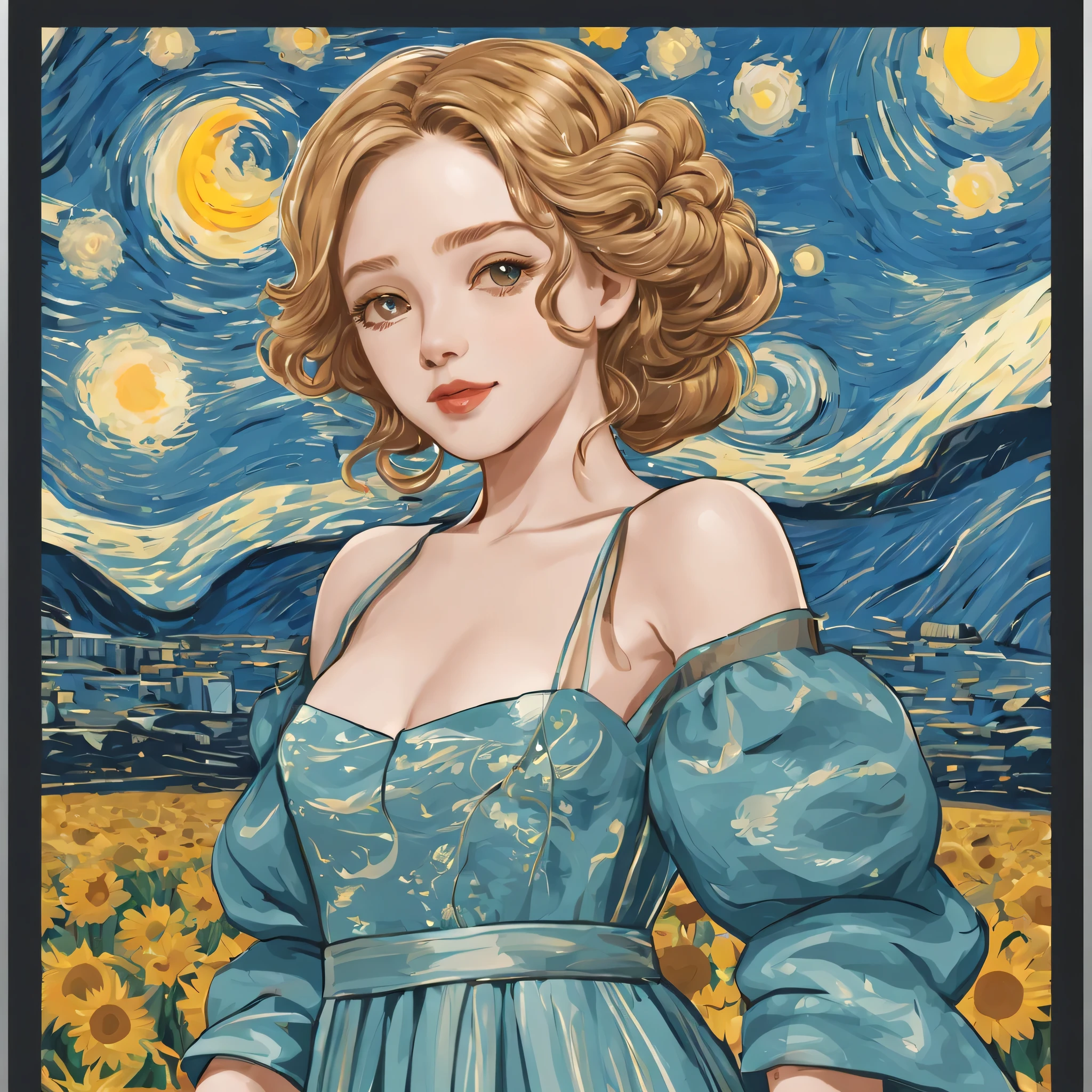 (a sticker,),(3d anime girl),long skirt, grace,beautiful face,(on a round background), (van gogh border), Super detailed, best quality, Detailed illustration, vectorized, 8K, 专业a sticker设计, graphic design, vector line, a sticker, Full HD