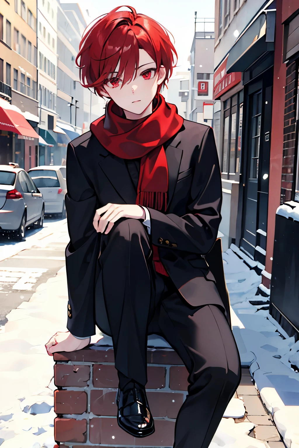 male red short hair red eyes Scarf Sweaters slacks Street style snow In town handsome man Knee-high boots masterpiece Highest image quality noise removal clear parts cinematic shadow Increased attractiveness of the eyes clear parts the shine of the eyes Draw eyelashes neatly perfect eyes detailed eyes Sharpen image quality Sharpen eye writing clear parts eye shape