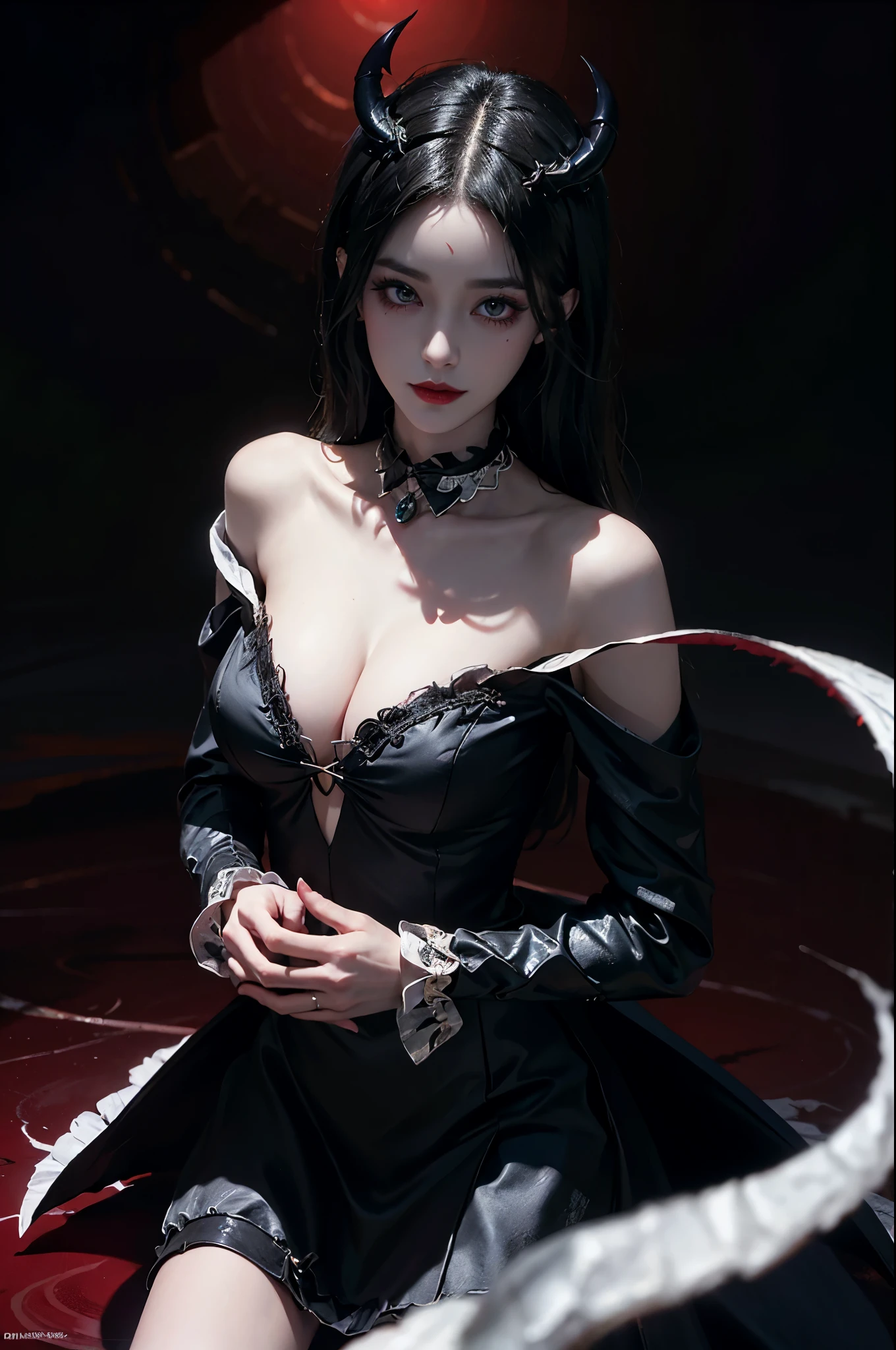 Special clothes39,maid, Beautiful devil woman from hell, (in the darkness: 1.6), 大卫霍克尼和阿尔方斯穆夏的Surreal女性portrait, fantasy art, korean doll, photorealism, dynamic lighting, art station, poster, Volumetric lighting, The facial details are very rich, 8k, in the darkness, deep shadow, low pitch, (knee shot), long hair, black hair, luxurious palace, royal style, Demon Crown, Red eye makeup is very sharp and detailed, the most beautiful face, normal breast, Surreal, charming smile, Eye makeup is very good, Gurwitz, devil style, red and black lips, Devil tattoo on shoulder, The weather is gloomy and thunderous, (portrait), Protagonist close-up, (Background details 1.8),