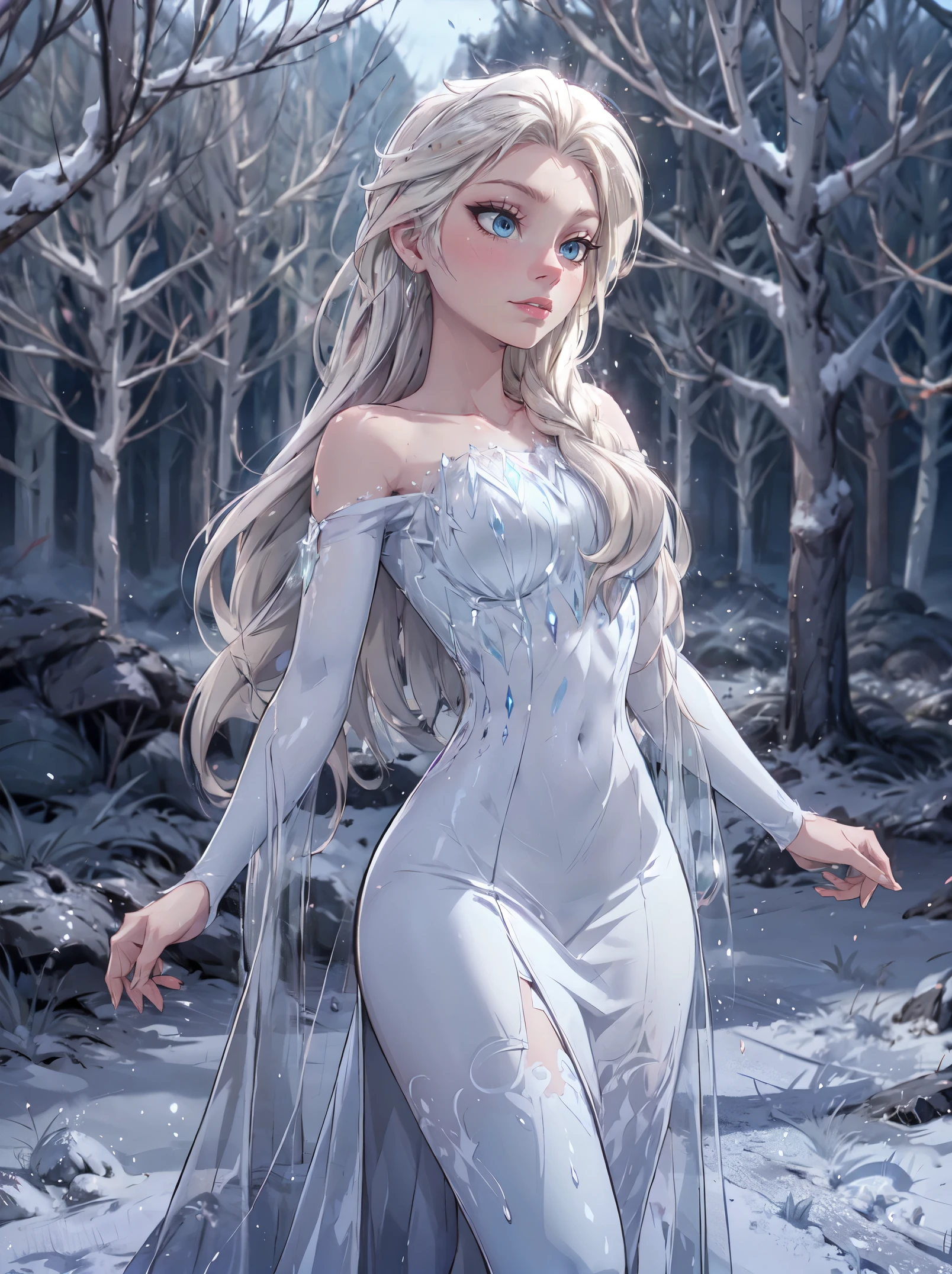 snow_queen_elsa, Nokk_elsa, (mature:1.3), tall, abs, glossy lips, in a snow forest