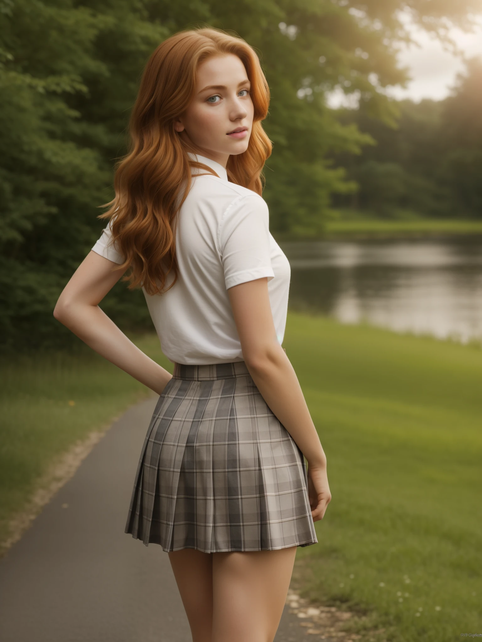 1girl in, age19, Solo, Aesthetic artwork, irish  redhead, wavy ginger hair, shoulder length ginger hair, gray eyes, light grey eyes, some small freckles, pale skin, A-cup, small breasts, runners body, fullbody shot, (textured skin, skin pores:1.1), (moles:0.8), imperfect skin, goosebumps, (Pose with back to camera), bending over,  ((ultra short skirt)), ass, shirt, beautiful nature location, around flower location, (detailed background), plaid skirt, white shirt, Show a little chest through the shirt, loafers, blurry background, blurry, holding, plaid, short sleeves, jk ribbon on the neck, jk ribbon, water, school uniform, jewelry, parted lips, lips, from side, pleated skirt, depth of field, (extremely detailed 8k wallpaper), soft lighting, high quality, film grain, Fujifilm XT3 sharp focus, f 5.6, 50mm, High Detail, Sharp focus,(natural light), (seductive), Realistic, ultra realistic, photo realistic, crazy details, complex details, hyper detailed,