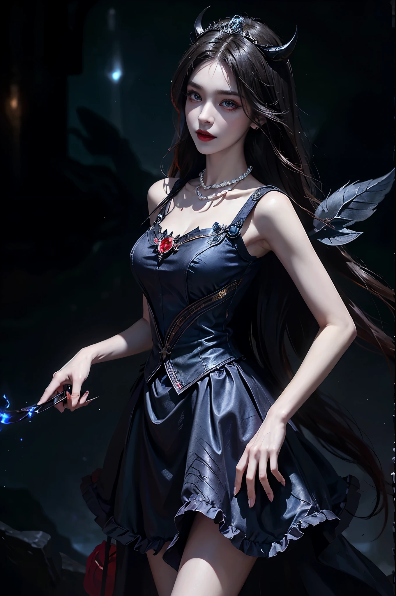 Sweet girl clothes2,pearl necklace,blue dress,flower, Beautiful devil woman from hell, (in the darkness: 1.6), 大卫霍克尼和阿尔方斯穆夏的Surreal女性portrait, fantasy art, korean doll, photorealism, dynamic lighting, art station, poster, Volumetric lighting, The facial details are very rich, 8k, in the darkness, deep shadow, low pitch, (knee shot), long hair, black hair, luxurious palace, royal style, Demon Crown, Red eye makeup is very sharp and detailed, the most beautiful face, normal breast, Surreal, charming smile, Eye makeup is very good, Gurwitz, devil style, red and black lips, Devil tattoo on shoulder, The weather is gloomy and thunderous, (portrait), Protagonist close-up, (Background details 1.8),