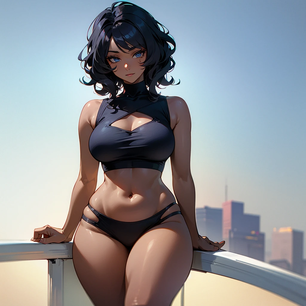 (((Dark Skin Woman))),(((Gray blue eyes))),(((Black wavy hair))),(Curvy body),(((Alone))),(((wearing modern clothes)))
