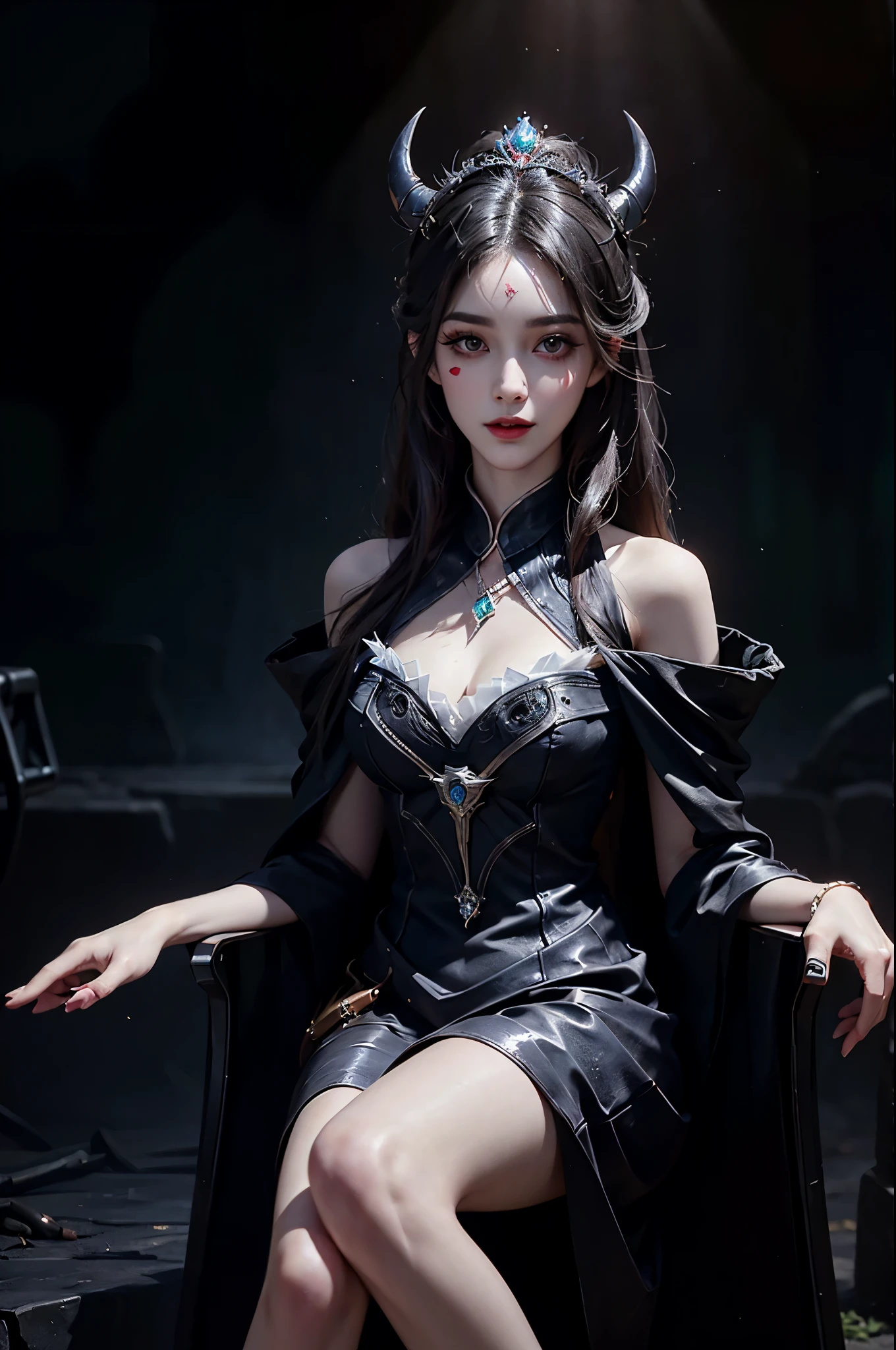 Sweet girl clothes8,(gem:1.3), Beautiful devil woman from hell, (in the darkness: 1.6), 大卫霍克尼和阿尔方斯穆夏的Surreal女性portrait, fantasy art, korean doll, photorealism, dynamic lighting, art station, poster, Volumetric lighting, The facial details are very rich, 8k, in the darkness, deep shadow, low pitch, (knee shot), long hair, black hair, luxurious palace, royal style, Demon Crown, Red eye makeup is very sharp and detailed, the most beautiful face, normal breast, Surreal, charming smile, Eye makeup is very good, Gurwitz, devil style, red and black lips, Devil tattoo on shoulder, The weather is gloomy and thunderous, (portrait), Protagonist close-up, (Background details 1.8),