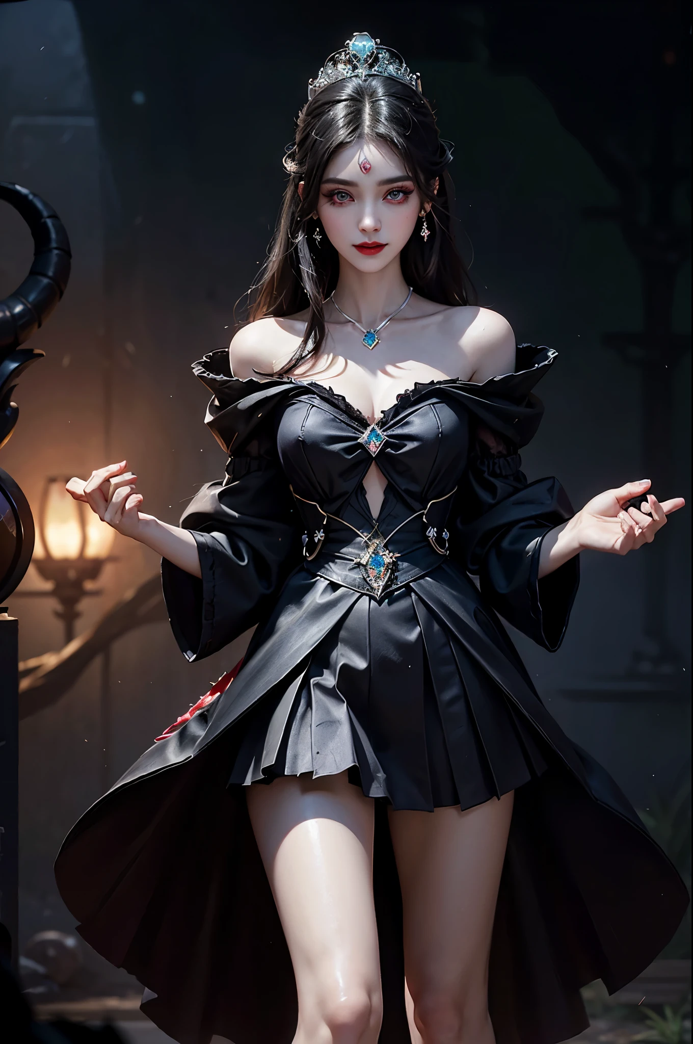 Sweet girl clothes8,(gem:1.3), Beautiful devil woman from hell, (in the darkness: 1.6), 大卫霍克尼和阿尔方斯穆夏的Surreal女性portrait, fantasy art, korean doll, photorealism, dynamic lighting, art station, poster, Volumetric lighting, The facial details are very rich, 8k, in the darkness, deep shadow, low pitch, (knee shot), long hair, black hair, luxurious palace, royal style, Demon Crown, Red eye makeup is very sharp and detailed, the most beautiful face, normal breast, Surreal, charming smile, Eye makeup is very good, Gurwitz, devil style, red and black lips, Devil tattoo on shoulder, The weather is gloomy and thunderous, (portrait), Protagonist close-up, (Background details 1.8),