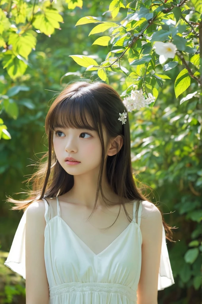 (muste piece:1.2, best quality, Super detailed, Reality:1.37), angelic face, I keep my hair up and short、fascinating expression, ethereal beauty, delicate features, enchanting eyes, rosy cheeks, Soft and plump lips, silky , Baby Faced Girl、Calm and magical aura, pure and pure, kind and calm attitude, soft and elegant, delicate white camisole, Flowing and airy fabric, surrounded by a lush forest, wood々Sunlight coming in from between, Spotted light creates a magical atmosphere, Bright green leaves, Peaceful and quiet environment, beautiful flowers blooming around, Birds are chirping happily in the distance, a sense of tranquility and harmony, a breathtaking muste piece capturing the essence of a youthful and angelic being in the midst of nature's beauty、An ennui look、hair blowing in the wind、Poses in motion、thighs