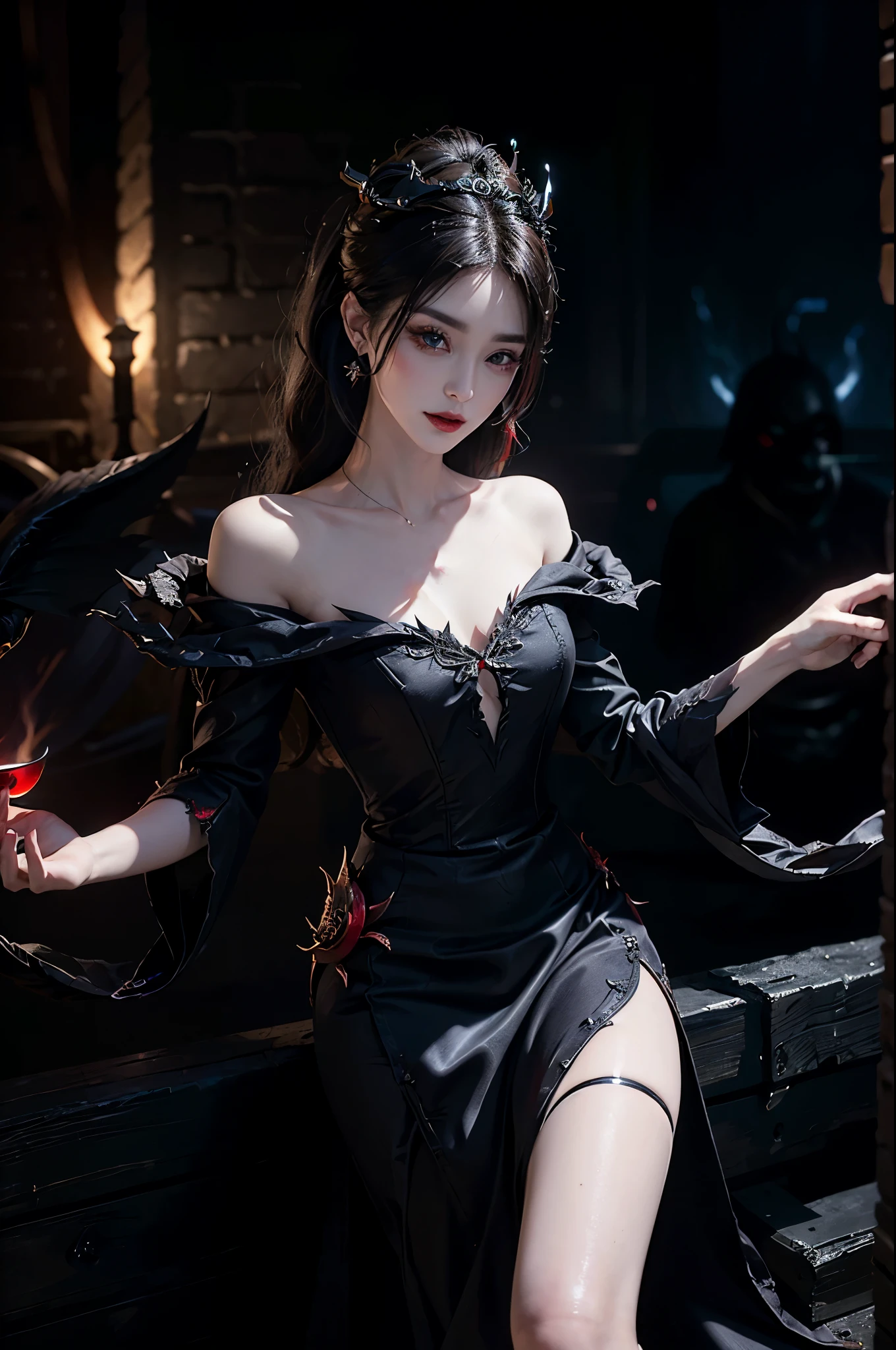 dress, Beautiful devil woman from hell, (in the darkness: 1.6), 大卫霍克尼和阿尔方斯穆夏的Surreal女性portrait, fantasy art, korean doll, photorealism, dynamic lighting, art station, poster, Volumetric lighting, The facial details are very rich, 8k, in the darkness, deep shadow, low pitch, (knee shot), long hair, black hair, luxurious palace, royal style, Demon Crown, Red eye makeup is very sharp and detailed, the most beautiful face, normal breast, Surreal, charming smile, Eye makeup is very good, Gurwitz, devil style, red and black lips, Devil tattoo on shoulder, The weather is gloomy and thunderous, (portrait), Protagonist close-up, (Background details 1.8),