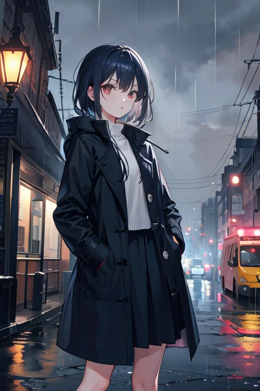 1 girl, night city, rain, coat, hands in a pocket