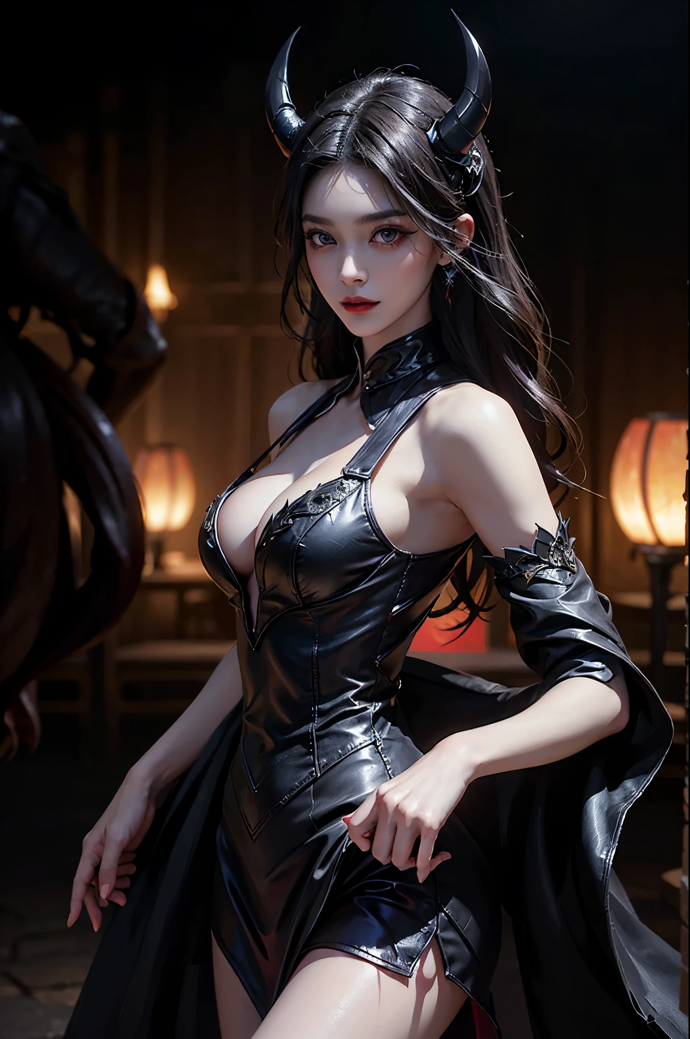 Sweet girl clothes9,yellow dress,, Beautiful devil woman from hell, (in the darkness: 1.6), 大卫霍克尼和阿尔方斯穆夏的Surreal女性portrait, fantasy art, korean doll, photorealism, dynamic lighting, art station, poster, Volumetric lighting, The facial details are very rich, 8k, in the darkness, deep shadow, low pitch, (knee shot), long hair, black hair, luxurious palace, royal style, Demon Crown, Red eye makeup is very sharp and detailed, the most beautiful face, normal breast, Surreal, charming smile, Eye makeup is very good, Gurwitz, devil style, red and black lips, Devil tattoo on shoulder, The weather is gloomy and thunderous, (portrait), Protagonist close-up, (Background details 1.8),