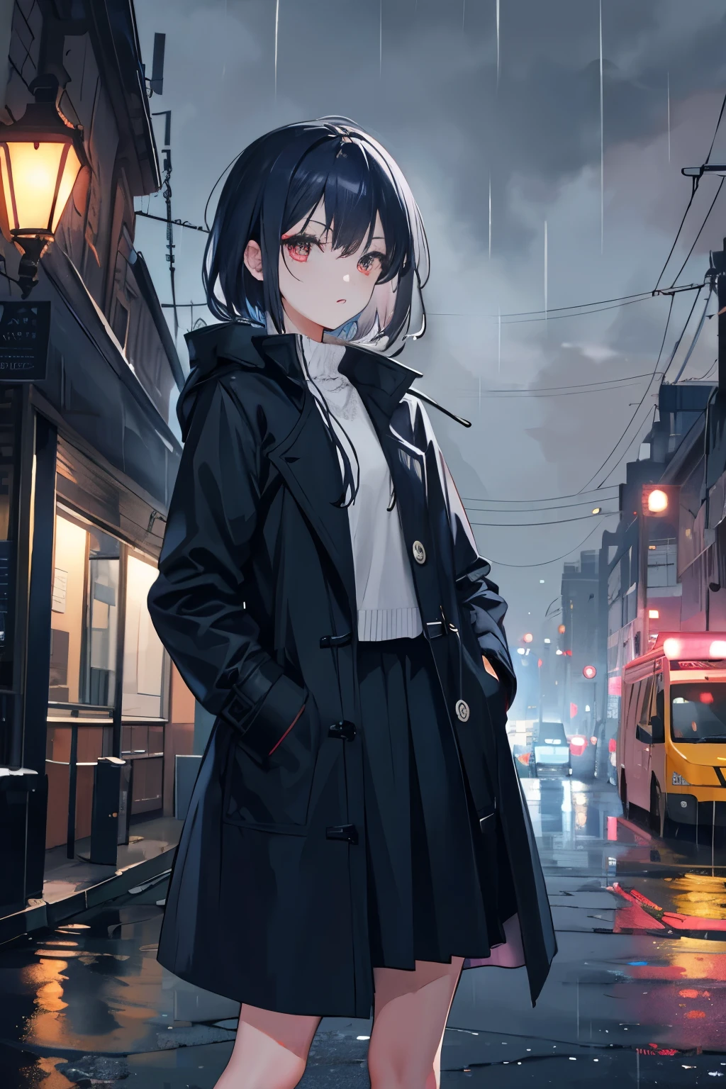 1 girl, night city, rain, coat, hands in a pocket
