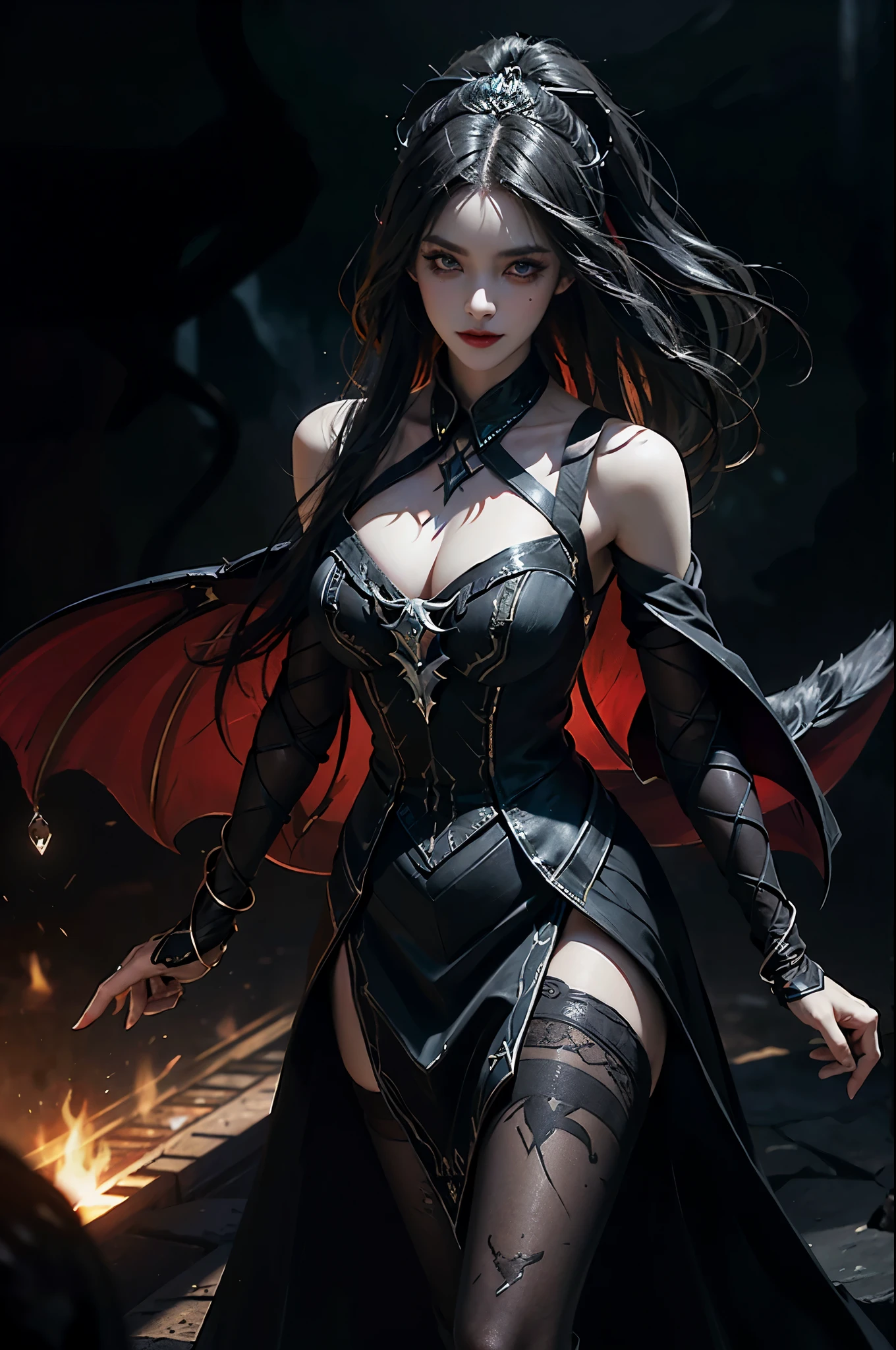 Special clothes58,white dress,pantyhose,green ribbon,striped,, Beautiful devil woman from hell, (in the darkness: 1.6), 大卫霍克尼和阿尔方斯穆夏的Surreal女性portrait, fantasy art, korean doll, photorealism, dynamic lighting, art station, poster, Volumetric lighting, The facial details are very rich, 8k, in the darkness, deep shadow, low pitch, (knee shot), long hair, black hair, luxurious palace, royal style, Demon Crown, Red eye makeup is very sharp and detailed, the most beautiful face, normal breast, Surreal, charming smile, Eye makeup is very good, Gurwitz, devil style, red and black lips, Devil tattoo on shoulder, The weather is gloomy and thunderous, (portrait), Protagonist close-up, (Background details 1.8),