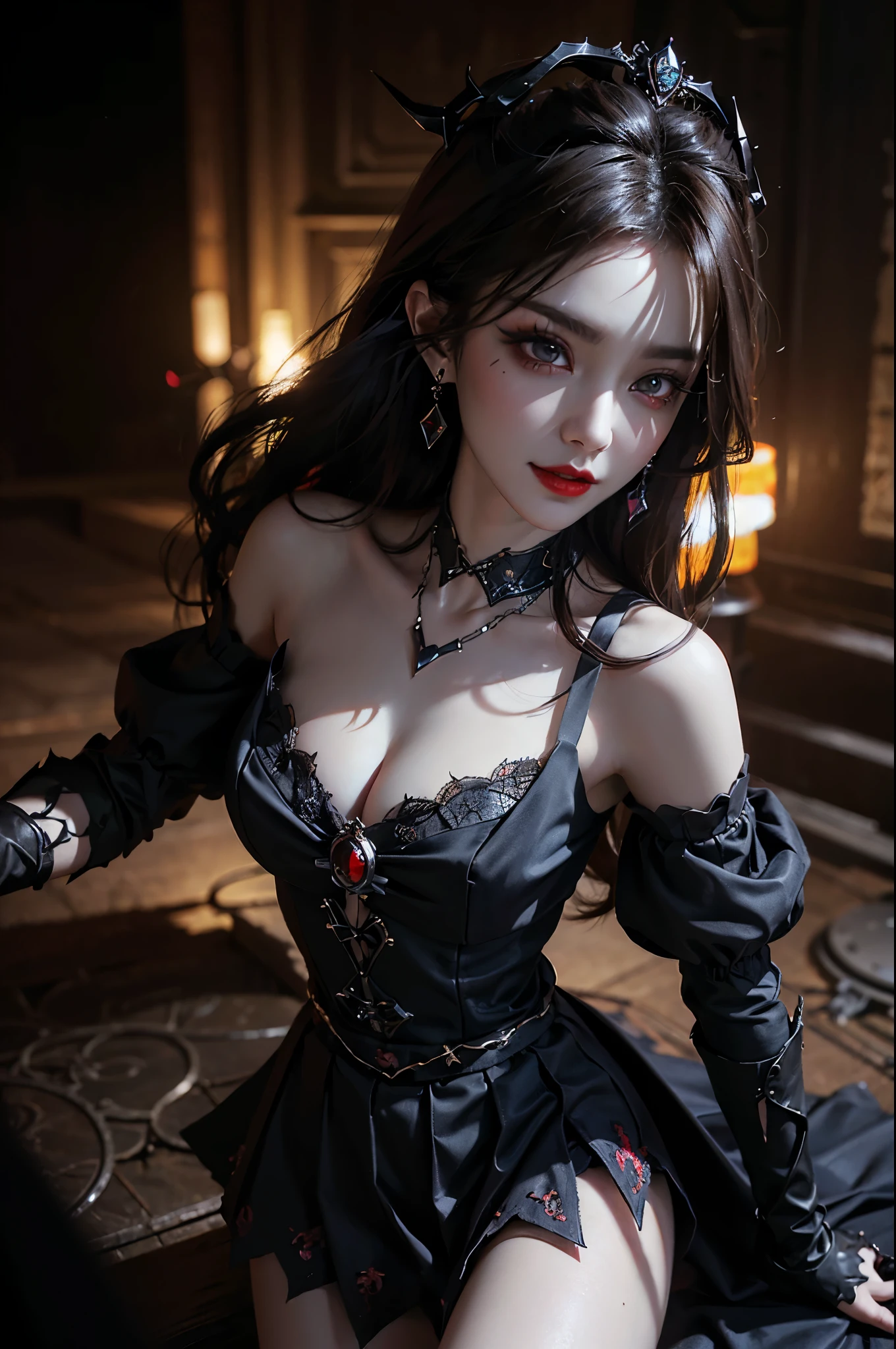 Sweet girl clothes7,skirt, Beautiful devil woman from hell, (in the darkness: 1.6), 大卫霍克尼和阿尔方斯穆夏的Surreal女性portrait, fantasy art, korean doll, photorealism, dynamic lighting, art station, poster, Volumetric lighting, The facial details are very rich, 8k, in the darkness, deep shadow, low pitch, (knee shot), long hair, black hair, luxurious palace, royal style, Demon Crown, Red eye makeup is very sharp and detailed, the most beautiful face, normal breast, Surreal, charming smile, Eye makeup is very good, Gurwitz, devil style, red and black lips, Devil tattoo on shoulder, The weather is gloomy and thunderous, (portrait), Protagonist close-up, (Background details 1.8),