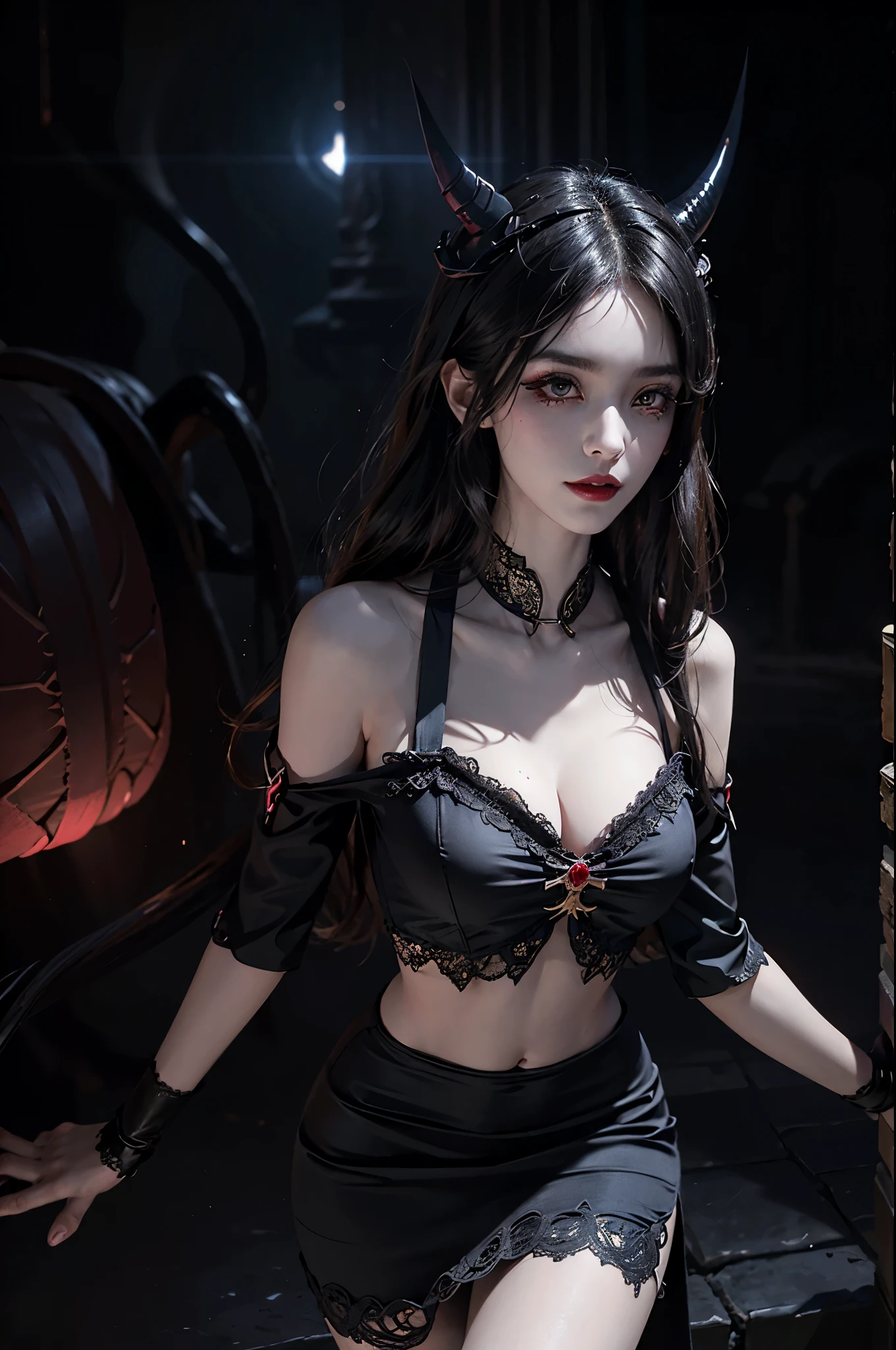 Special clothes44,lace trim,midriff,shirt,miniskirt, Beautiful devil woman from hell, (in the darkness: 1.6), 大卫霍克尼和阿尔方斯穆夏的Surreal女性portrait, fantasy art, korean doll, photorealism, dynamic lighting, art station, poster, Volumetric lighting, The facial details are very rich, 8k, in the darkness, deep shadow, low pitch, (knee shot), long hair, black hair, luxurious palace, royal style, Demon Crown, Red eye makeup is very sharp and detailed, the most beautiful face, normal breast, Surreal, charming smile, Eye makeup is very good, Gurwitz, devil style, red and black lips, Devil tattoo on shoulder, The weather is gloomy and thunderous, (portrait), Protagonist close-up, (Background details 1.8),