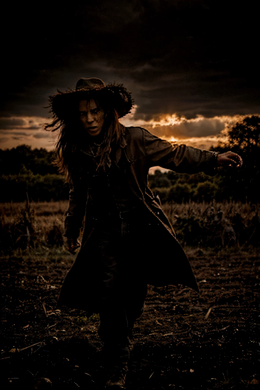 scarecrow,running,field,cornfield,crows,terrifying,dark silhouette,outstretched arms,menacing grin,animated scarecrow,chase,pursuit,dynamic movement,girls,boys,running in fear,panic,straw hat,long coat,worn clothes,scared expression,fear in their eyes,trembling hands,fast pace,sprinting,trying to escape,frightened screams,adrenaline rush,dangerous pursuit,heart pounding,breathless,desperation,horrifying scene,sunset colors in the sky,orange and purple hues,darkening landscape,ominous atmosphere,foreboding,thrilling chase,action-packed,impressive stunts,dramatic storytelling,nightmare-like scene,horror movie vibes,stunning visual effects,best quality,highres,photorealistic,emphasizing details,vibrant colors,sharp lighting,moody shadows