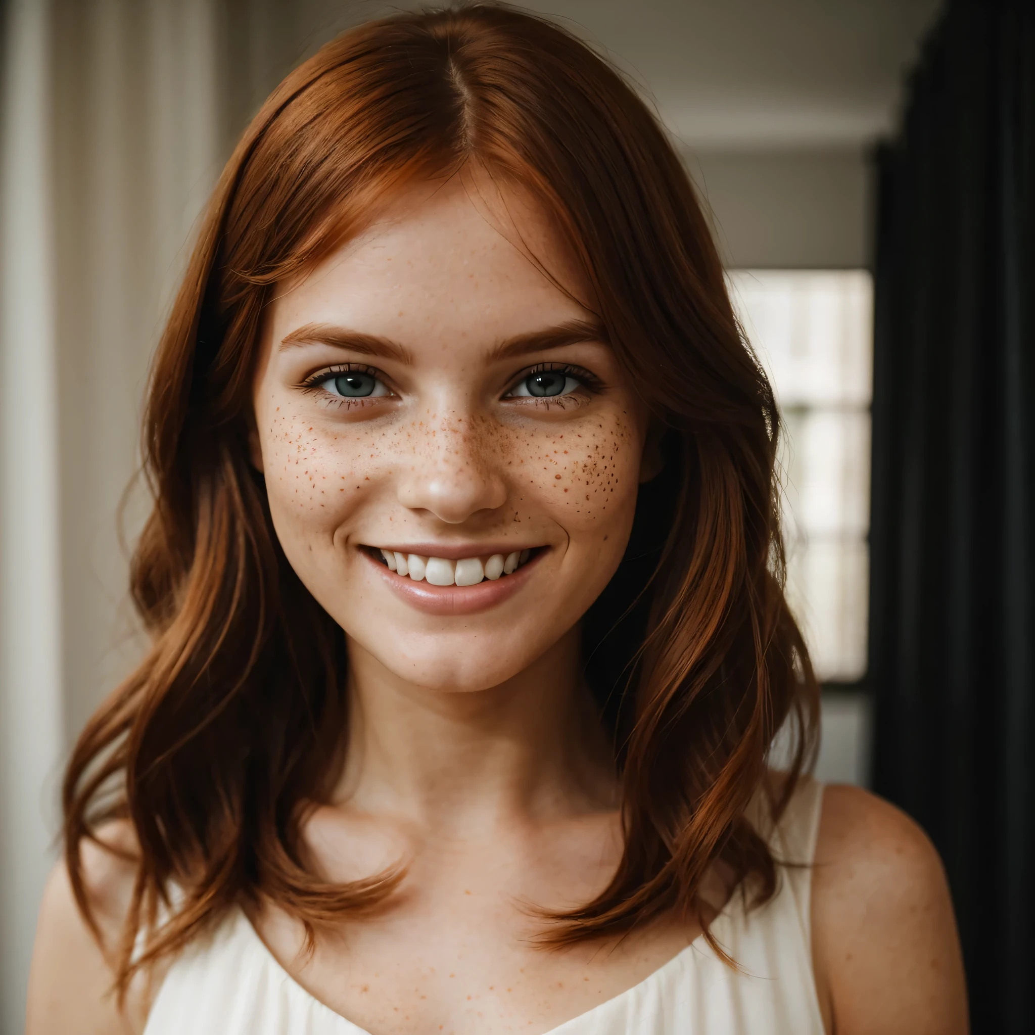 beautiful average looking woman, smiling, white teeth, dress, (looking at the camera:1.4), (highest quality), (best shadow), intricate details, interior, ginger hair:1.3, dark studio, muted colors, freckles