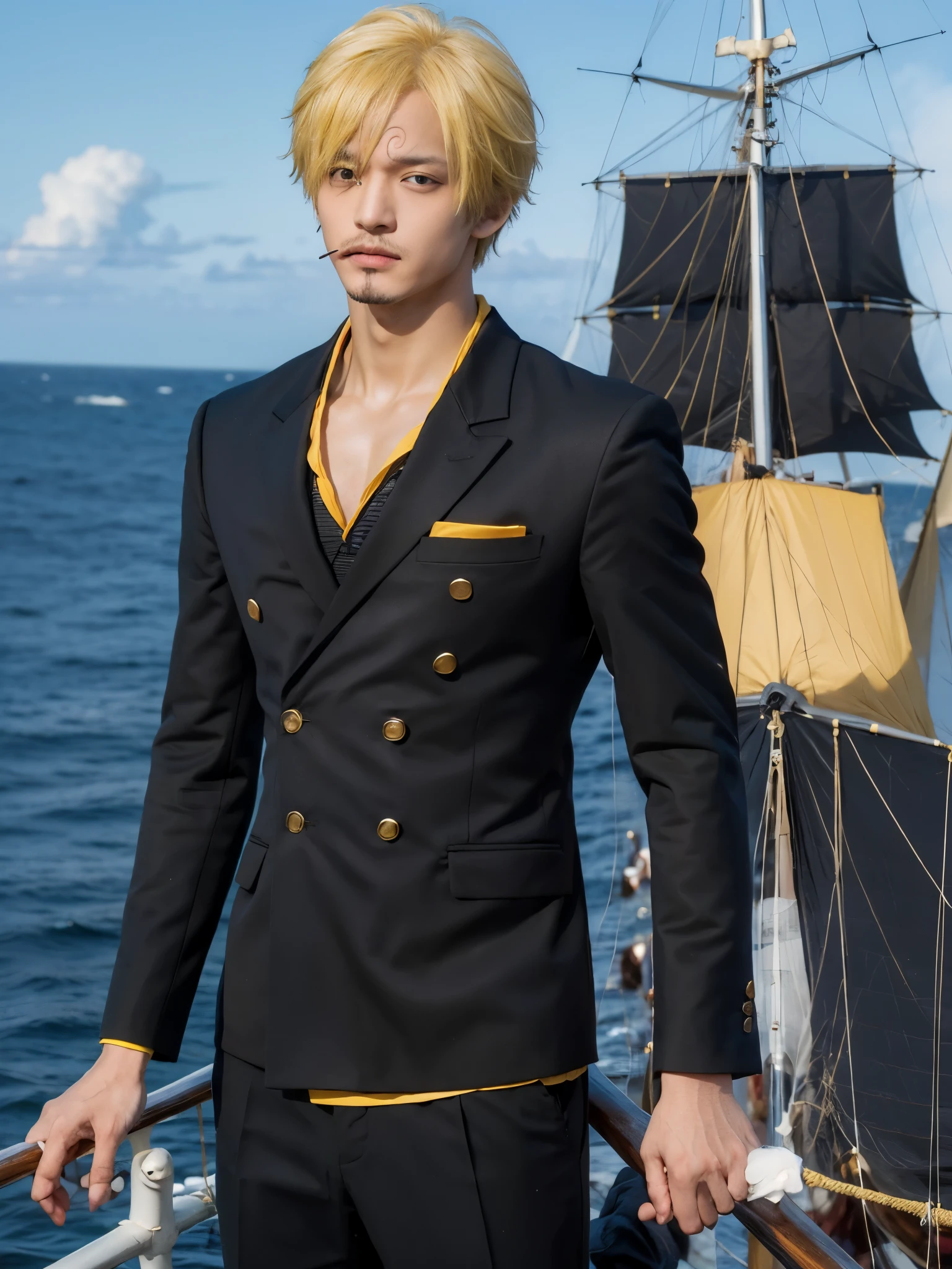 1man, sanji in anime one piece, short hair , yellow hair, black eyes, handsome, black suit, smoking a cigarette,realistic clothes, detail clothes, pirate ship background, ultra detail, realistic