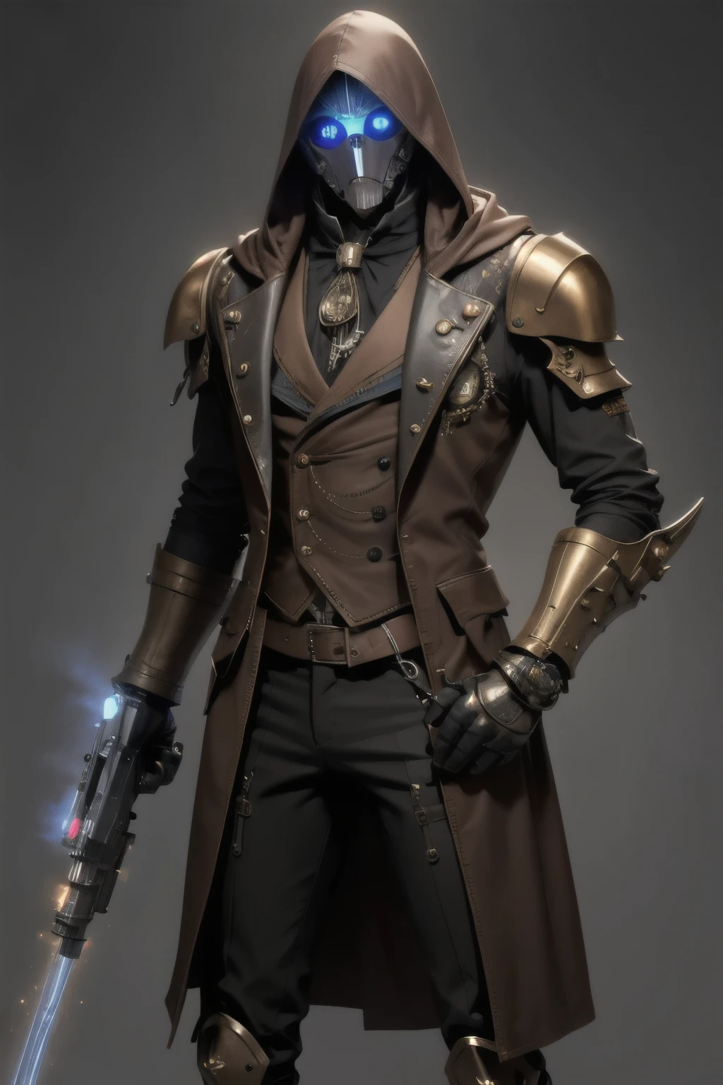 A steampunk style Warforged male in a stylish suit with a hood, he uses a laser pistol for a weapon