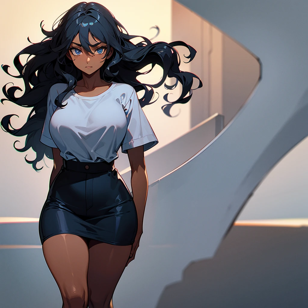 (((Dark Skin Woman))),(((Gray blue eyes))),(((Black wavy hair))),(Curvy body),(((Alone))),(((wearing modern clothes)))