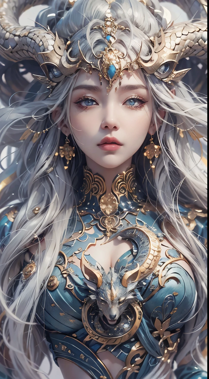 best quality，Super detailed，Best Best Illustration，best shadow，masterpiece，high resolution，professional artwork，famous artwork），surreal style，Delicate eyes，cold eyes，Left and right eyes are different colors，Snake pupils，Eyes slightly closed，（eye focus），surface focus，Close-up of long-haired woman in silk textured clothing，silver hair，floating hair，There are dragon horns on the head，Extremely rich in details，3d goddess portrait，女神的Extremely rich in details，Stunning goddess portrait，Head portrait of goddeseautiful goddess portrait goddess body closeup portrait，Portrait of norse moon goddess，pure face_v1，Urzang-6500-v1 version.1，