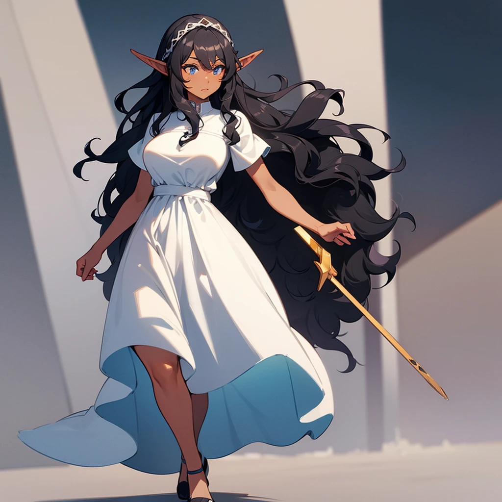 (((Dark Skin Elf Woman))),(((Gray blue eyes))),(((Black wavy hair))),(Curvy body),(((Alone))),(((Wearing a white Roman dress)))
