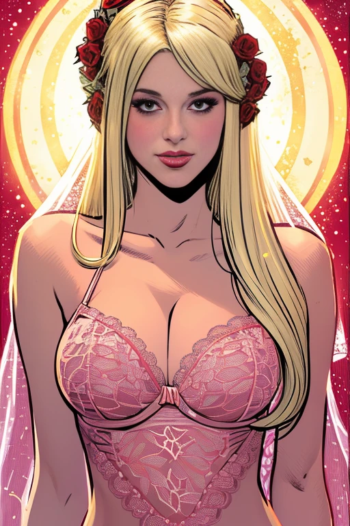 american comic illustration, queen of love, sensual female, wearing rose lace brassiere, veil, long loincloth, tiara, (((chignon blonde))), small bust, narrow waist, thin abs, model posing, in heaven, (((american comic art style))), (((art by J. Scott Cambell)))