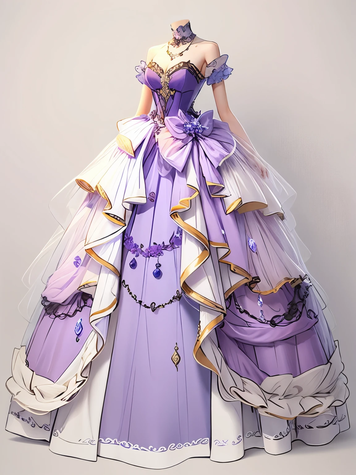 Lilac dress,white background,Drawing of a lilac dress with a bow, nice dress, magical dress, royal robe, expensive voluminous dress, Rococo dress, dreamy dress, Detailed clothes,
