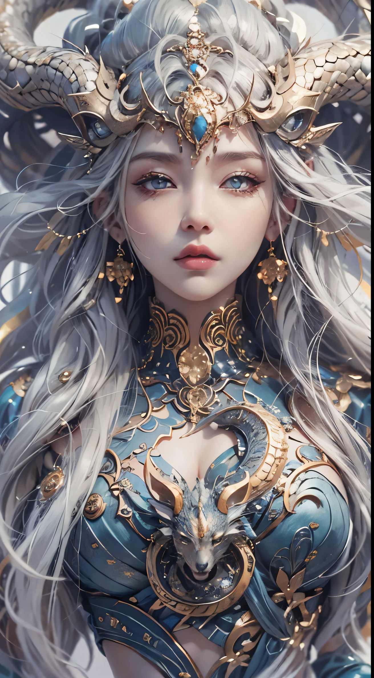 best quality,Super detailed,Best Best Illustration,best shadow,masterpiece,high resolution,professional artwork,famous artwork),surreal style,Delicate eyes,cold eyes,Left and right eyes are different colors,Snake pupils,Eyes slightly closed,(eye focus),surface focus,Close-up of long-haired woman in silk textured clothing,silver hair,floating hair,There are dragon horns on the head,Extremely rich in details,3d goddess portrait,女神的Extremely rich in details,Stunning goddess portrait,Head portrait of goddeseautiful goddess portrait goddess body closeup portrait,Portrait of norse moon goddess,pure face_v1,Urzang-6500-v1 version.1,