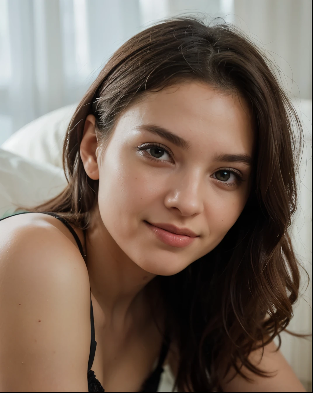 Photo of a 20 year old brunette woman.., que tiene una cara muy natural,  labios delgados, ojos delgados, cejas finas, nariz fina, pendientes, long eyelashes. Ella esta en la cama semidesnuda