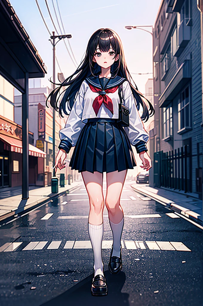 （（（masterpiece、Highest image quality、highest quality、highly detailed unity 8ｋwallpaper）））、（（Illustration of one girl））、（（（Super tall、３fold、long legs）））、high school girl、sailor suit、street corner