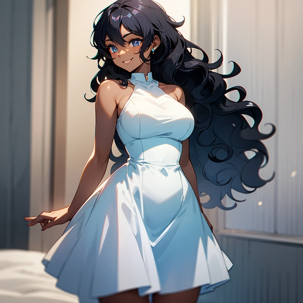 (((Dark Skin Woman))),(((Gray blue eyes))),(((Black wavy hair))),(Curvy body),(((Alone))),(((Wearing a short white dress))),(((sweet smile)))