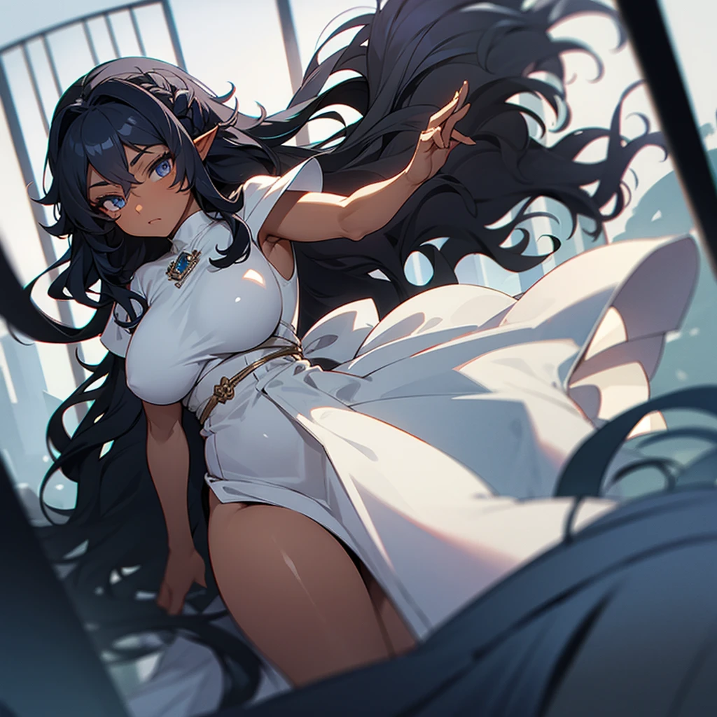 (((Dark Skin Elf Woman))),(((Gray blue eyes))),(((Black wavy hair))),(Curvy body),(((Alone))),(((Wearing a white Roman dress)))