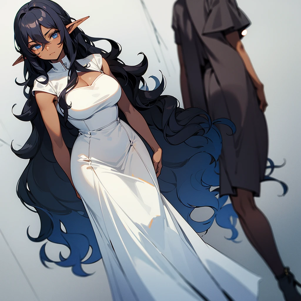 (((Dark Skin Elf Woman))),(((Gray blue eyes))),(((Black wavy hair))),(Curvy body),(((Alone))),(((Wearing a white Roman dress)))