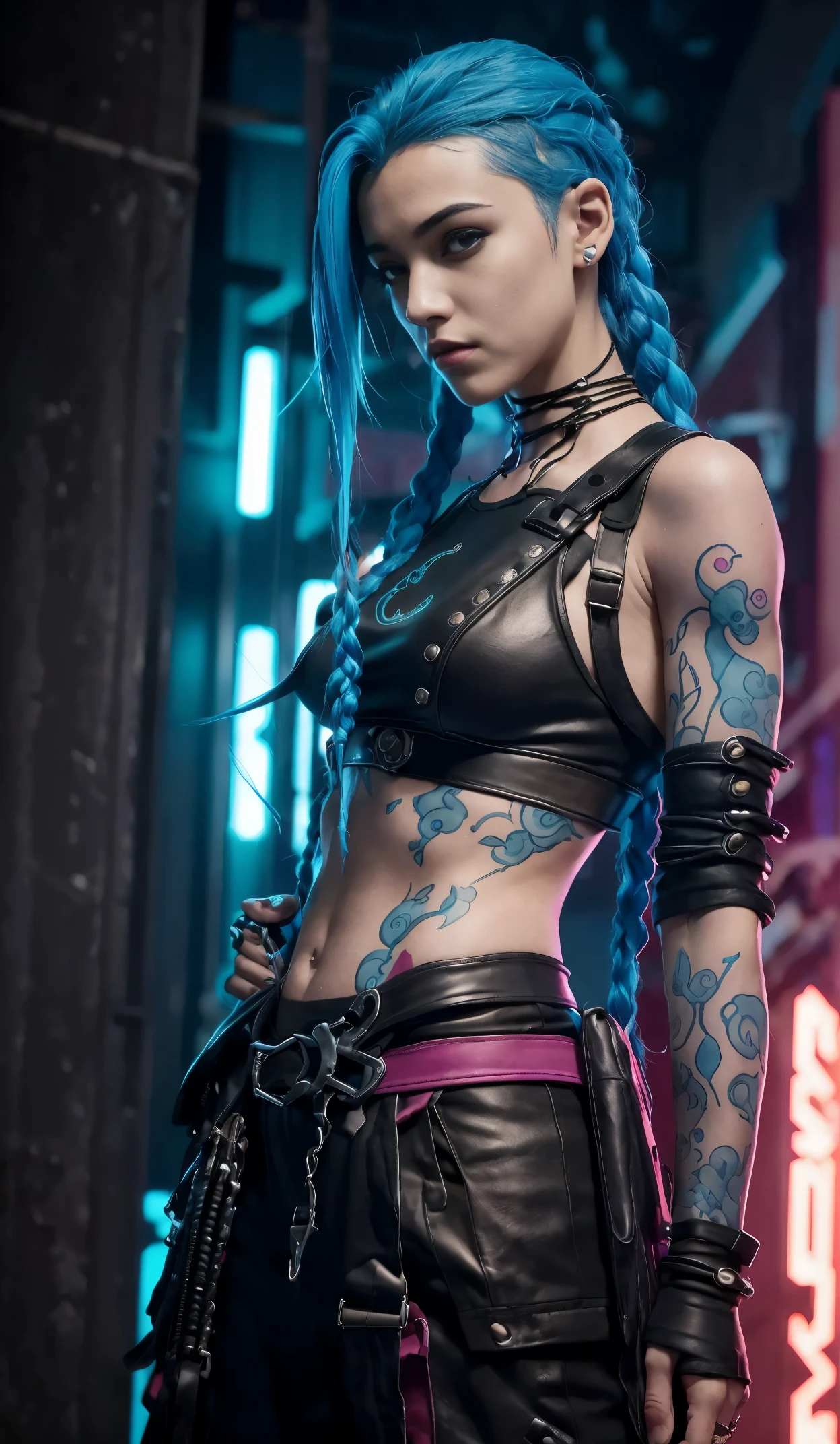 jinx arcano, uma mulher com cabelo azul e tatuagens, mulher cyberpunk mulher anime, pants, Deusa cyberpunk raivosa bonita, estilo de arte cyberpunk, arte digital de anime cyberpunk, arte de anime cyberpunk, Arcane Jinx Retrato, arte de anime cyberpunk, arte com tema cyberpunk, cyberpunk fantasia sombria, estilo arcano, 1 garota, cloud tattoo on the arm, asymmetrical bangs, franja, cabelo azul, blue braids, camisa marrom, tatuagem de nuvem, lateralmente, cabelo azul, cabelo longo, olhos cor de rosa, Red lips, standing , tatuagem de nuvem, twin braids. azarar de arcano. azarar. azarar, Arcane \(Liga das Lendas\