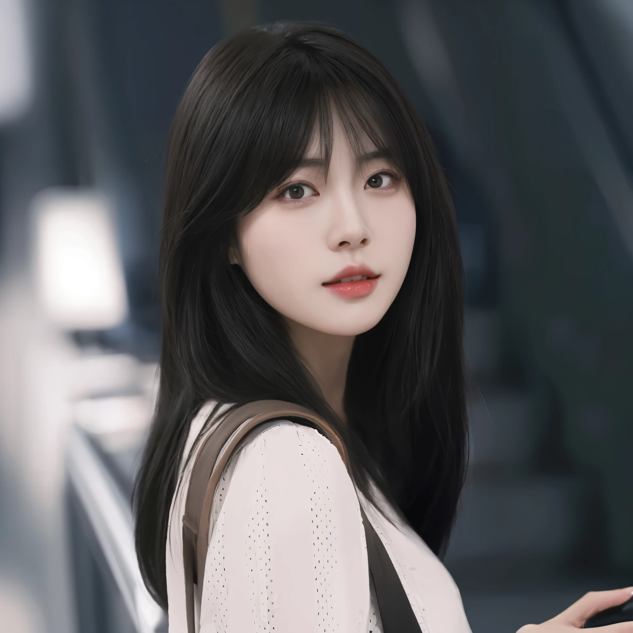 There is a woman with a bag standing in the corridor, Realistic animation3D风格, [ 4k digital art ]!!, Sideways，Soft portrait shots 8k, Realistic animation, Realistic animation艺术风格, Realistic animation girl render, guweiz style artwork, Realistic digital art 4k, Realistic digital art 4k, Portrait of Korean female idol，Long straight hair，black hair