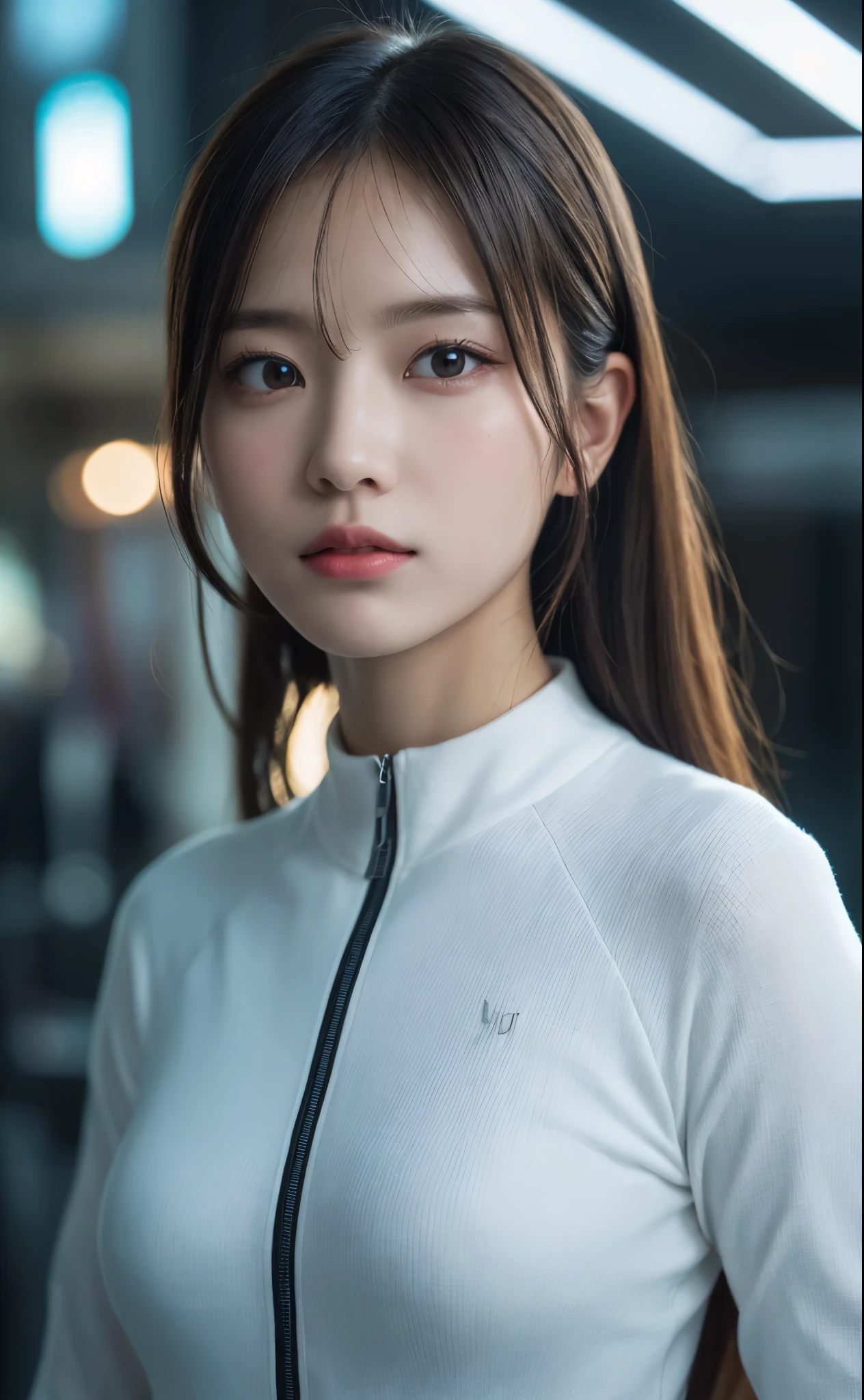 masutepiece, Best Quality, Illustration, Ultra-detailed, finely detail, hight resolution, 8K Wallpaper, Perfect dynamic composition, no-makeup face, clarity skin, Beautiful detailed eyes, white rubber suit, Sexy face, (open mouth:0.8), background glaring white light