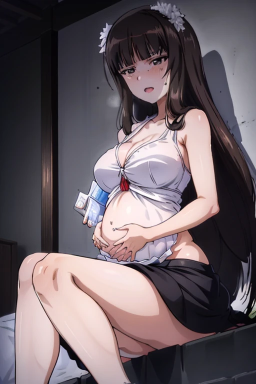 best quality, ultra-detailed, high resolution, extremely detailed cg, anime picture, pov, nishizumi shiho, long hair, milf, white shirt, black suit, wrinkle under eyes, milf woman having wrinkle, she is having contractions, bend over and holding her belly trying to endure the pain ,anime Pregnant Belly, Pregnant belly, holding belly, in pain face, labor contractions sweating, in pain, very bend down, open mouth, >oo<, pain face, giving birth