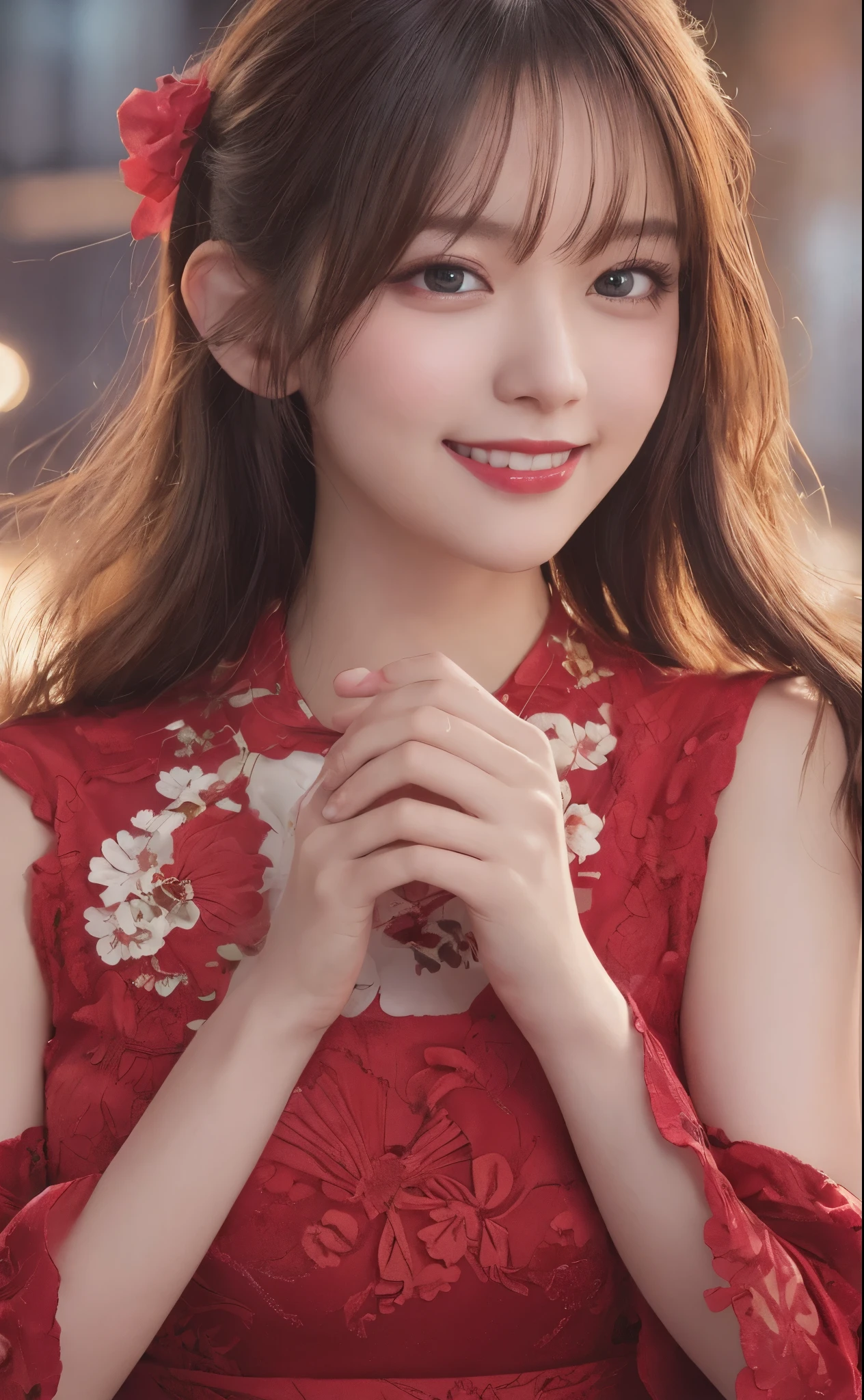 masutepiece, Best Quality, Illustration, Ultra-detailed, finely detail, hight resolution, 8K Wallpaper, Perfect dynamic composition, blazing, makeup face:1.4, clarity skin, Beautiful detailed eyes,  Red Dress, (open mouth:0.8), (()bring a handgun))), background glaring light,smiling:0.4