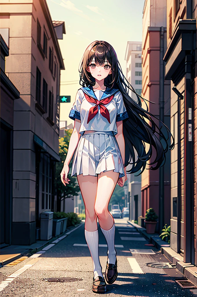 （（（masterpiece、Highest image quality、highest quality、highly detailed unity 8ｋwallpaper）））、（（Illustration of one girl））、（（（Super tall、３fold、long legs）））、high school girl、sailor suit、street corner